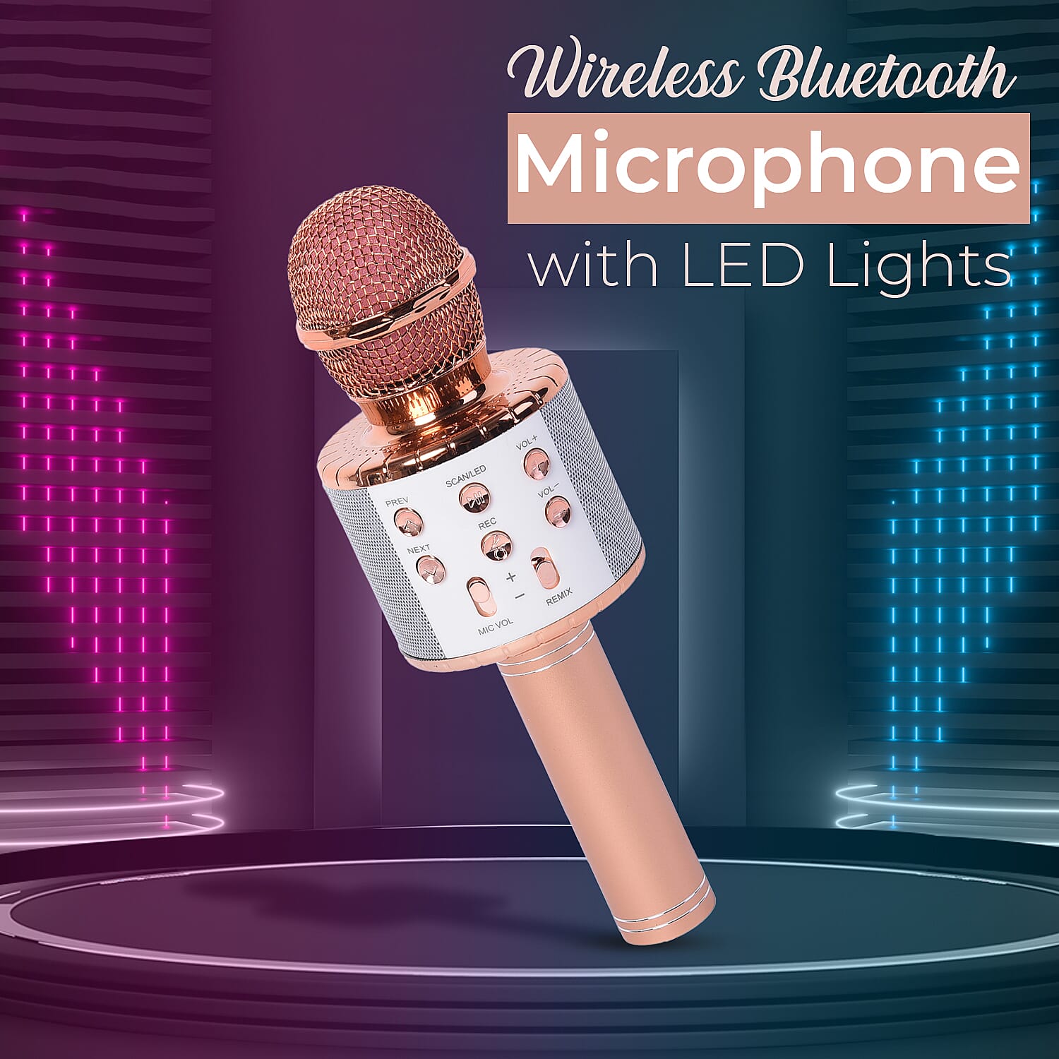 Wireless Bluetooth Karaoke Microphone with Dancing LED Lights - Rose Gold