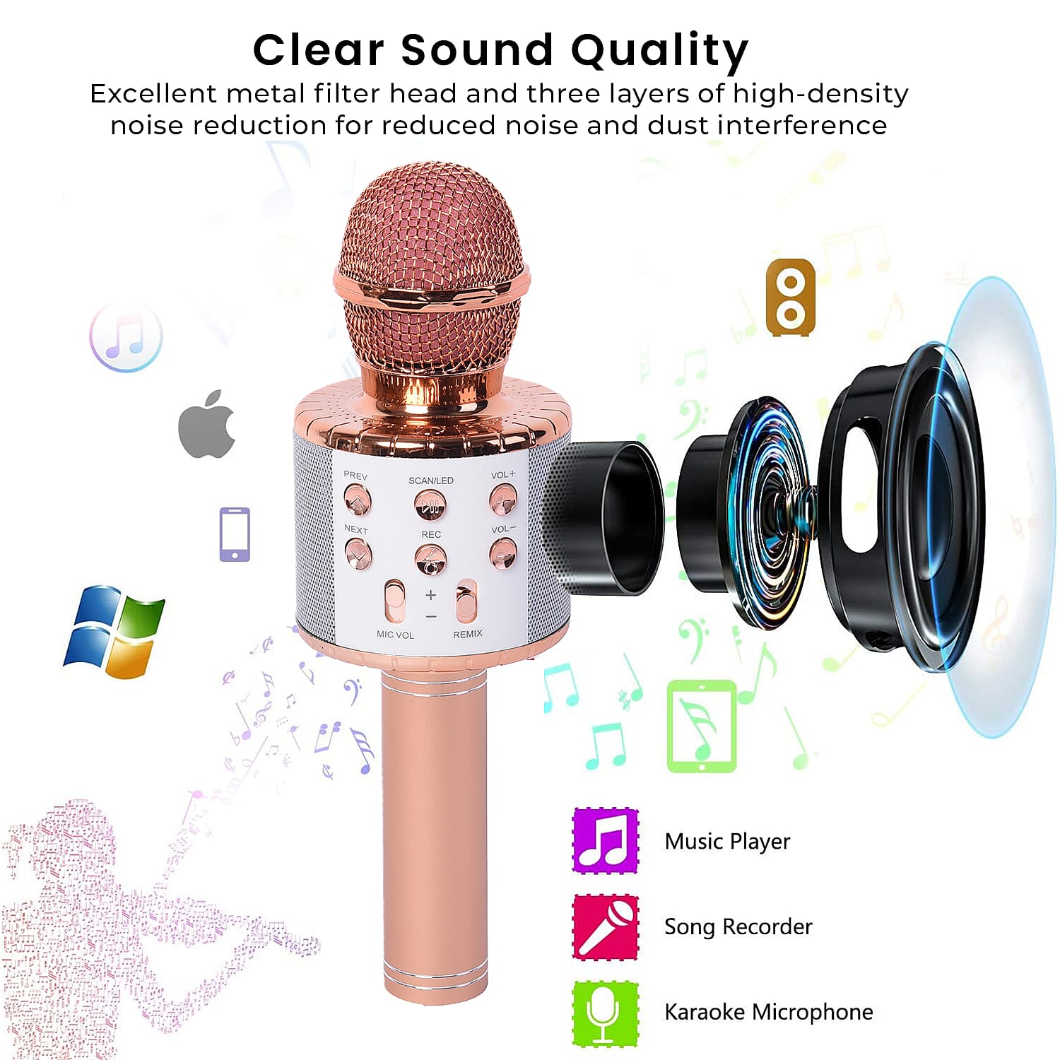 Wireless Bluetooth Karaoke Microphone with Dancing LED Lights - Rose Gold