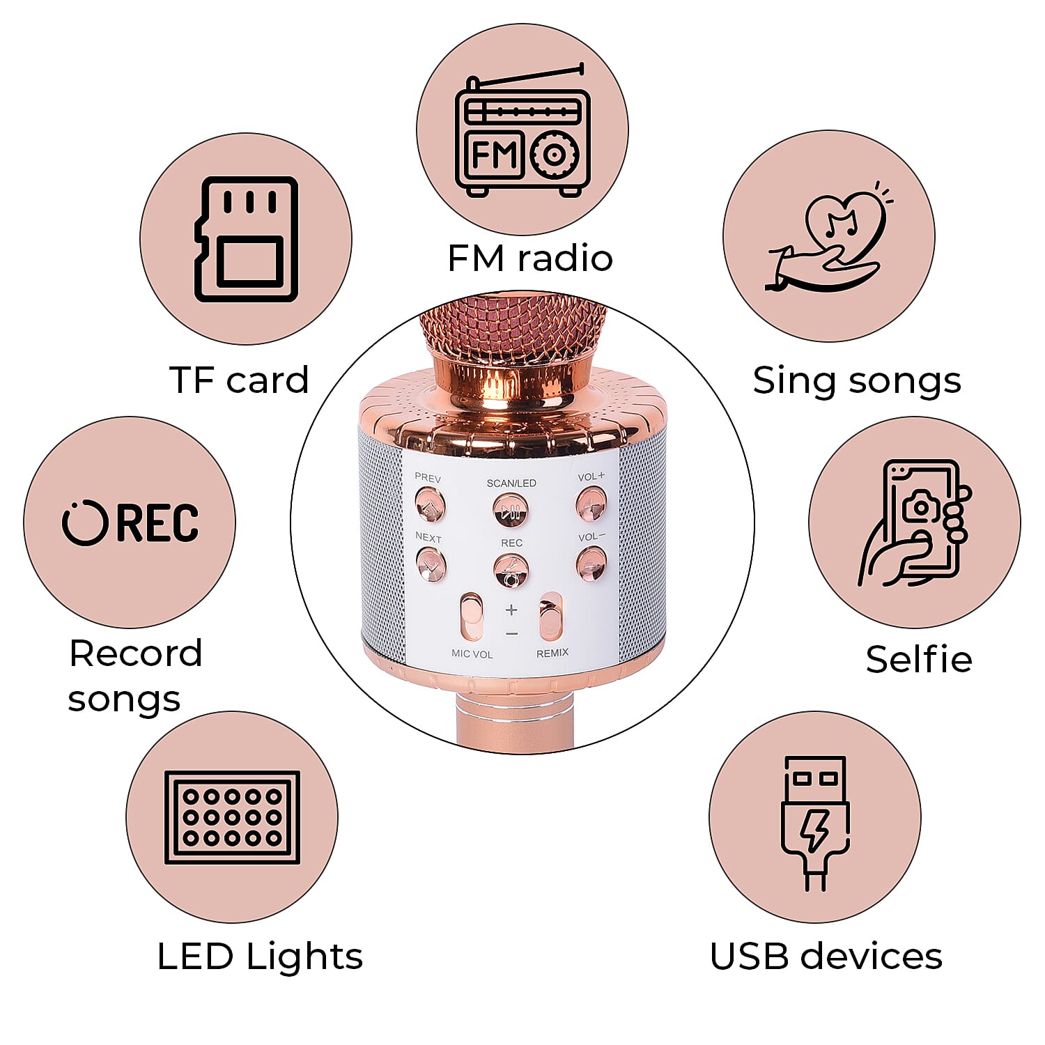 Wireless Bluetooth Karaoke Microphone with Dancing LED Lights - Rose Gold