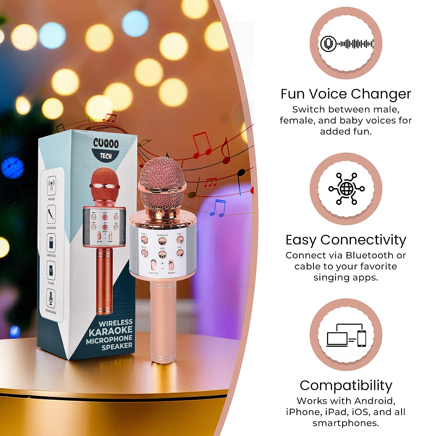 Wireless Bluetooth Karaoke Microphone with Dancing LED Lights - Rose Gold
