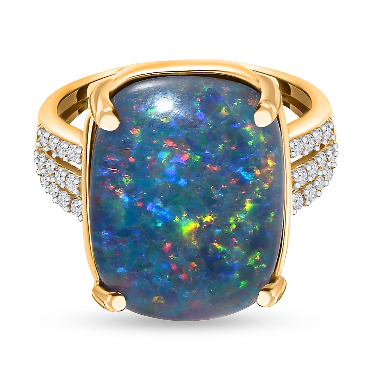 Collectors Edition- 9K Yellow Gold Rare Size Australian Boulder Opal (Cushion 18x13 mm) & Moissanite Ring 9.34 Ct.