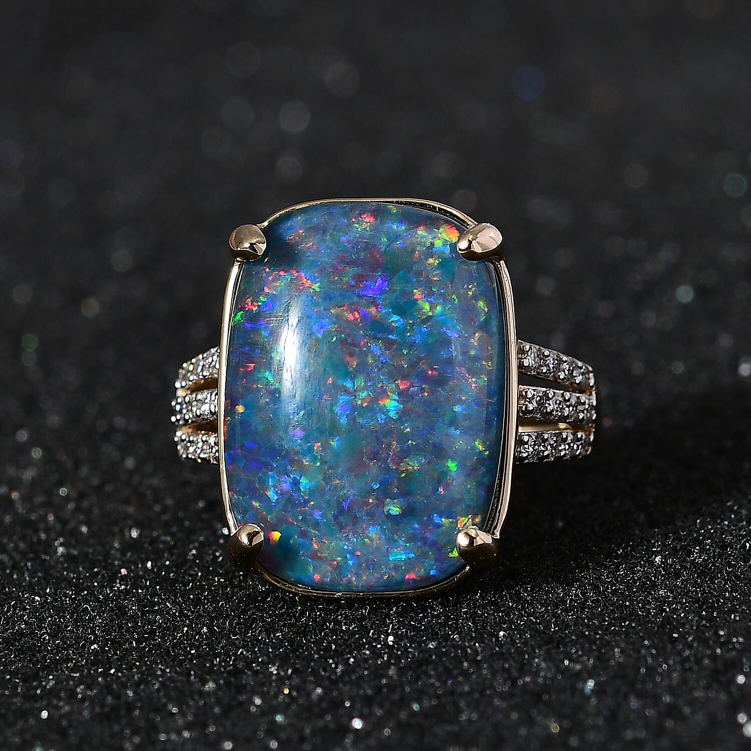 Collectors Edition- 9K Yellow Gold Rare Size Australian Boulder Opal (Cushion 18x13 mm) & Moissanite Ring 9.34 Ct.
