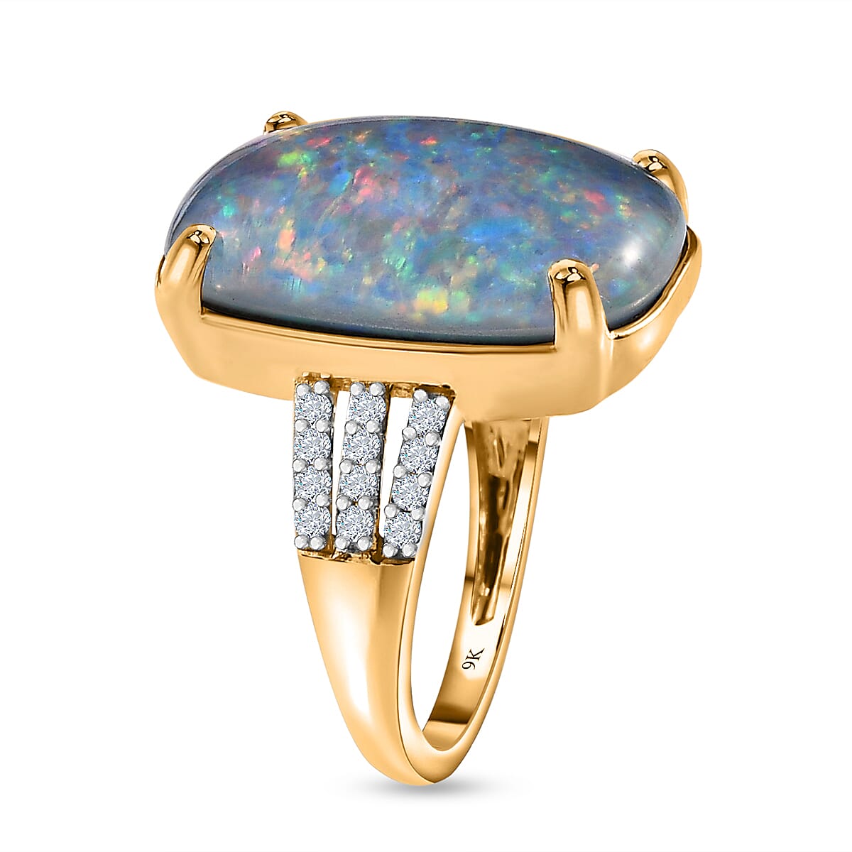 Collectors Edition- 9K Yellow Gold Rare Size Australian Boulder Opal (Cushion 18x13 mm) & Moissanite Ring 9.34 Ct.