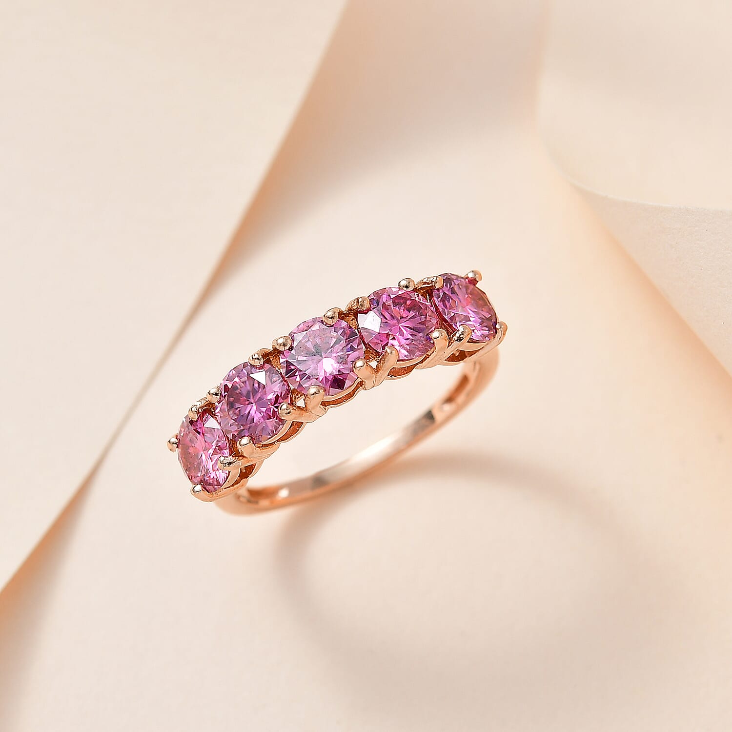 Pink Moissanite Half Eternity 5 Stone Ring in 18K Vermeil RG Plated Sterling Silver 2.17 Ct.