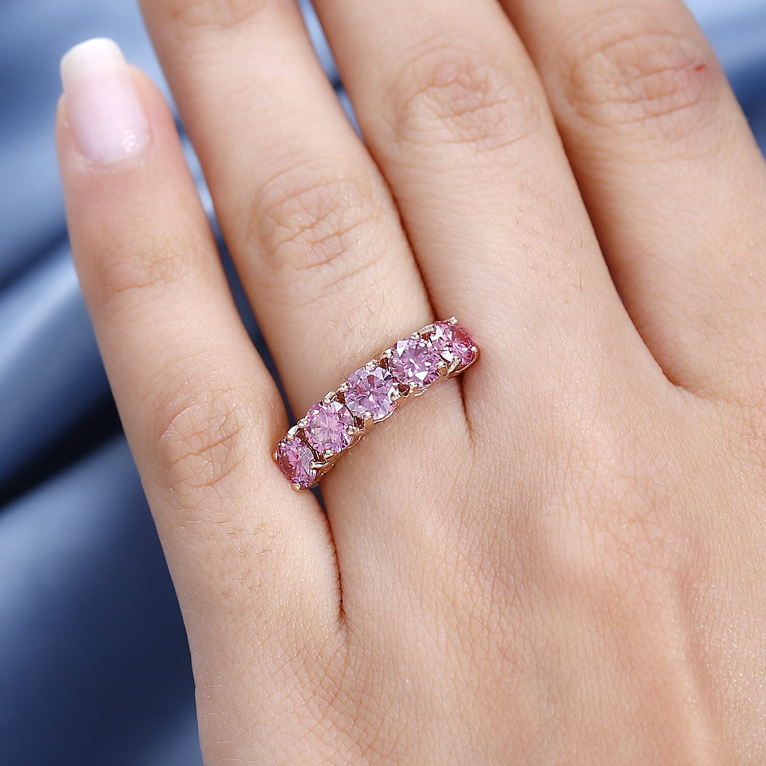 Pink Moissanite Half Eternity 5 Stone Ring in 18K Vermeil RG Plated Sterling Silver 2.17 Ct.