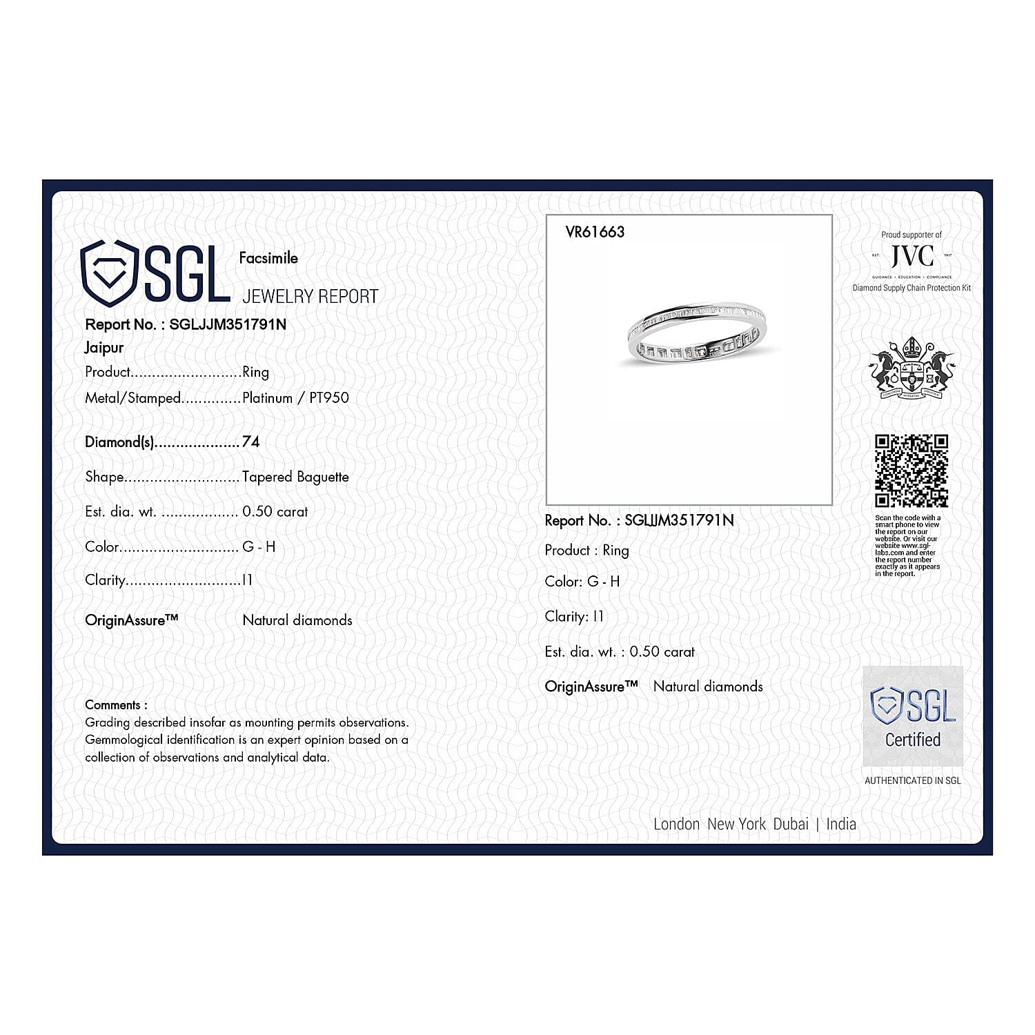 Signature Collection - 950 Platinum SGL Certified (I1-G-H)  Diamond Ring 0.50 Ct.
