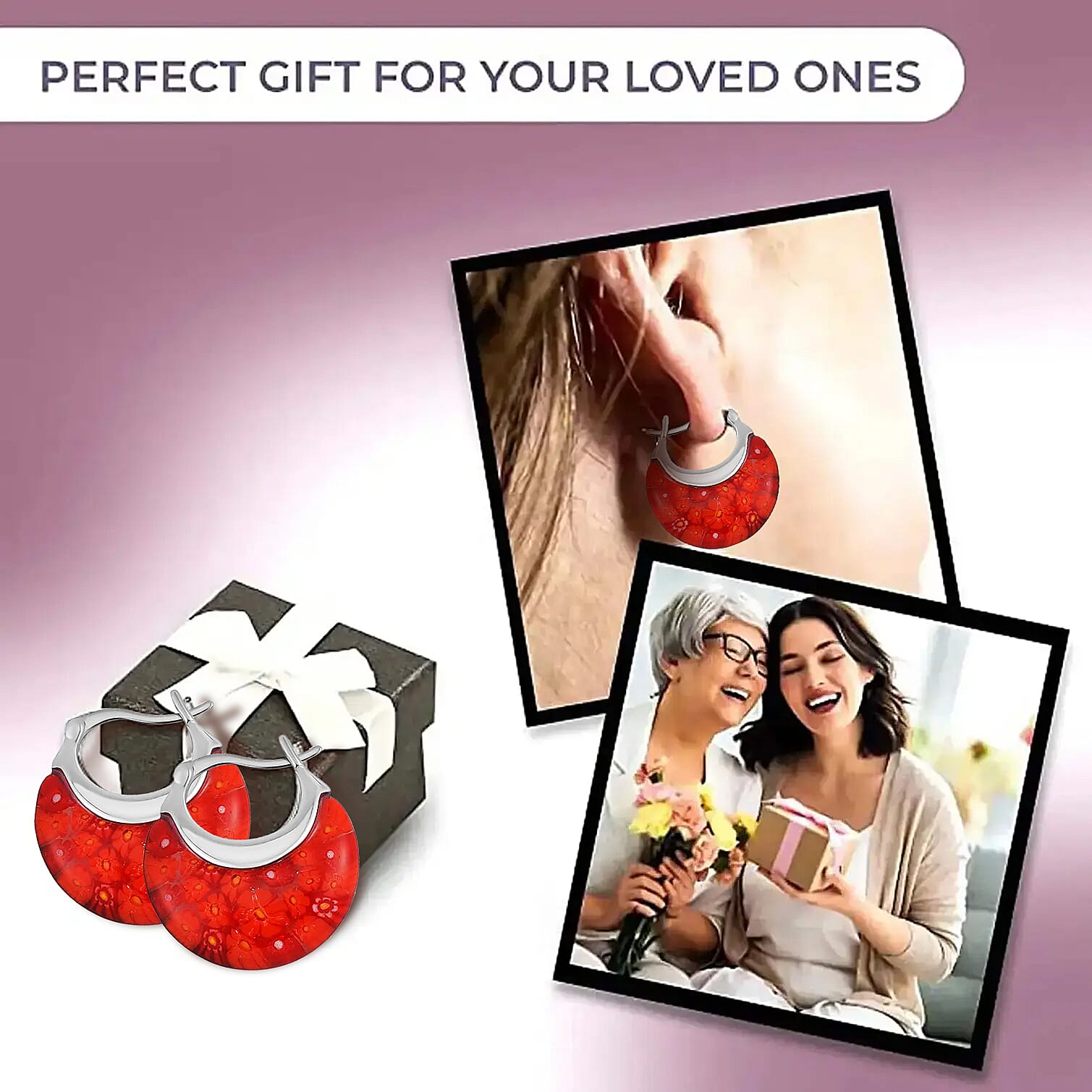 Red Color Murano Glass Earring with Clasp in Stainless Steel