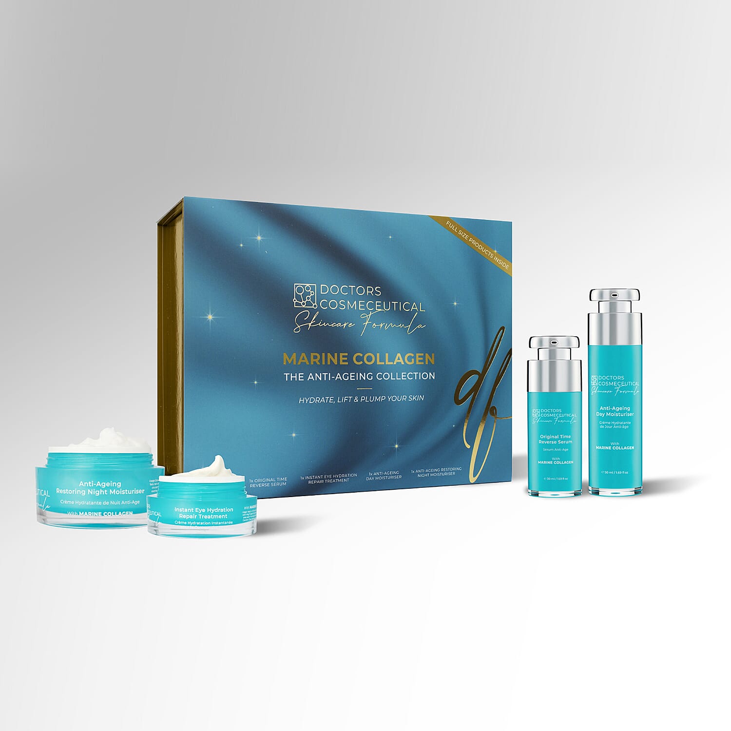 Doctors Formula Marine Collagen- The Anti-Ageing Collection (Incl Anti-Ageing Day, Night Moisturiser 50ml,Time Reverse Serum 30ml - Instant Eye HydrationTreatment 15ml)