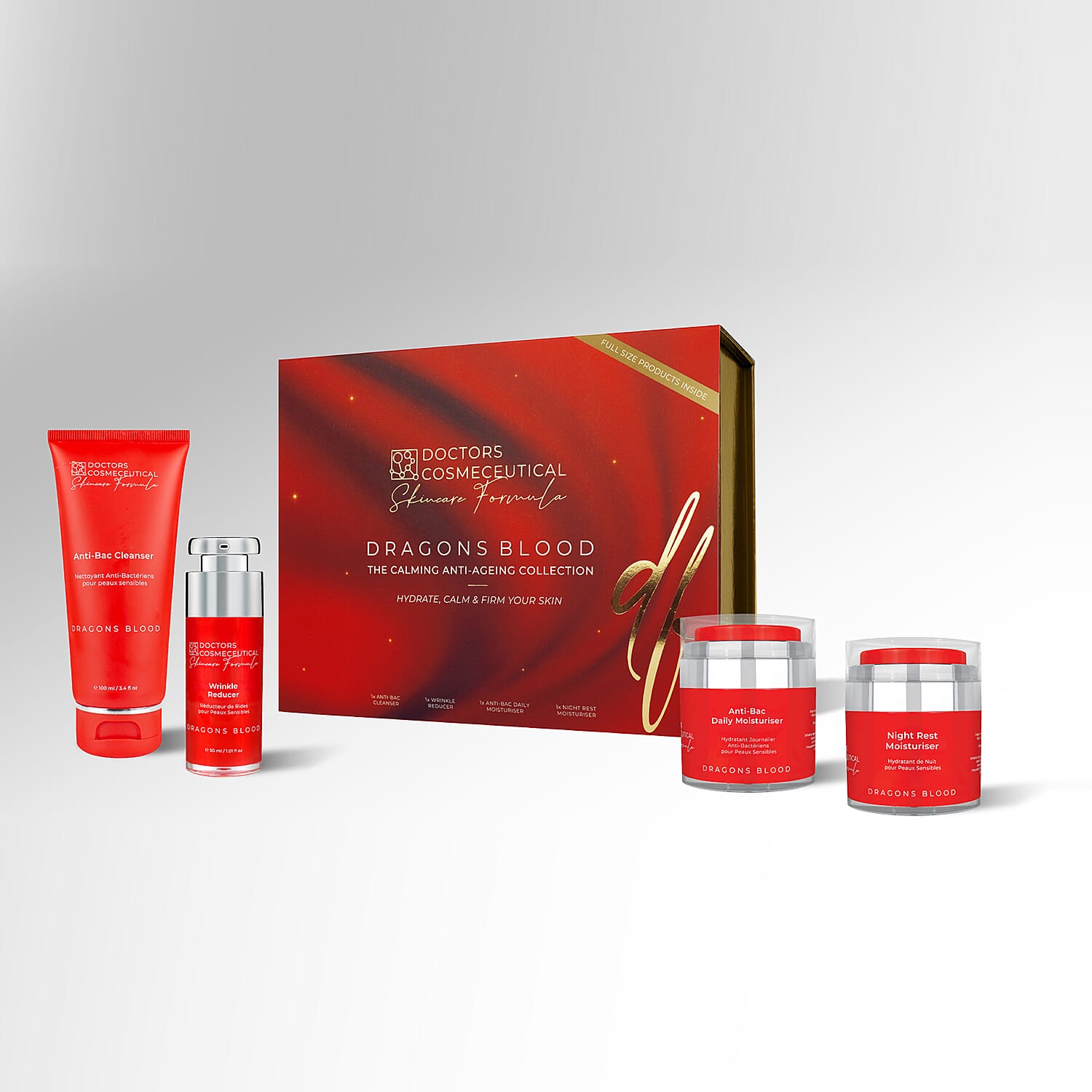 Dragons Blood - The Calming Anti-Ageing Collection. Cleanser 100ml, Day Moisturiser 50ml, Wrinkle Reducer 30ml & Night Moisturiser 50ml