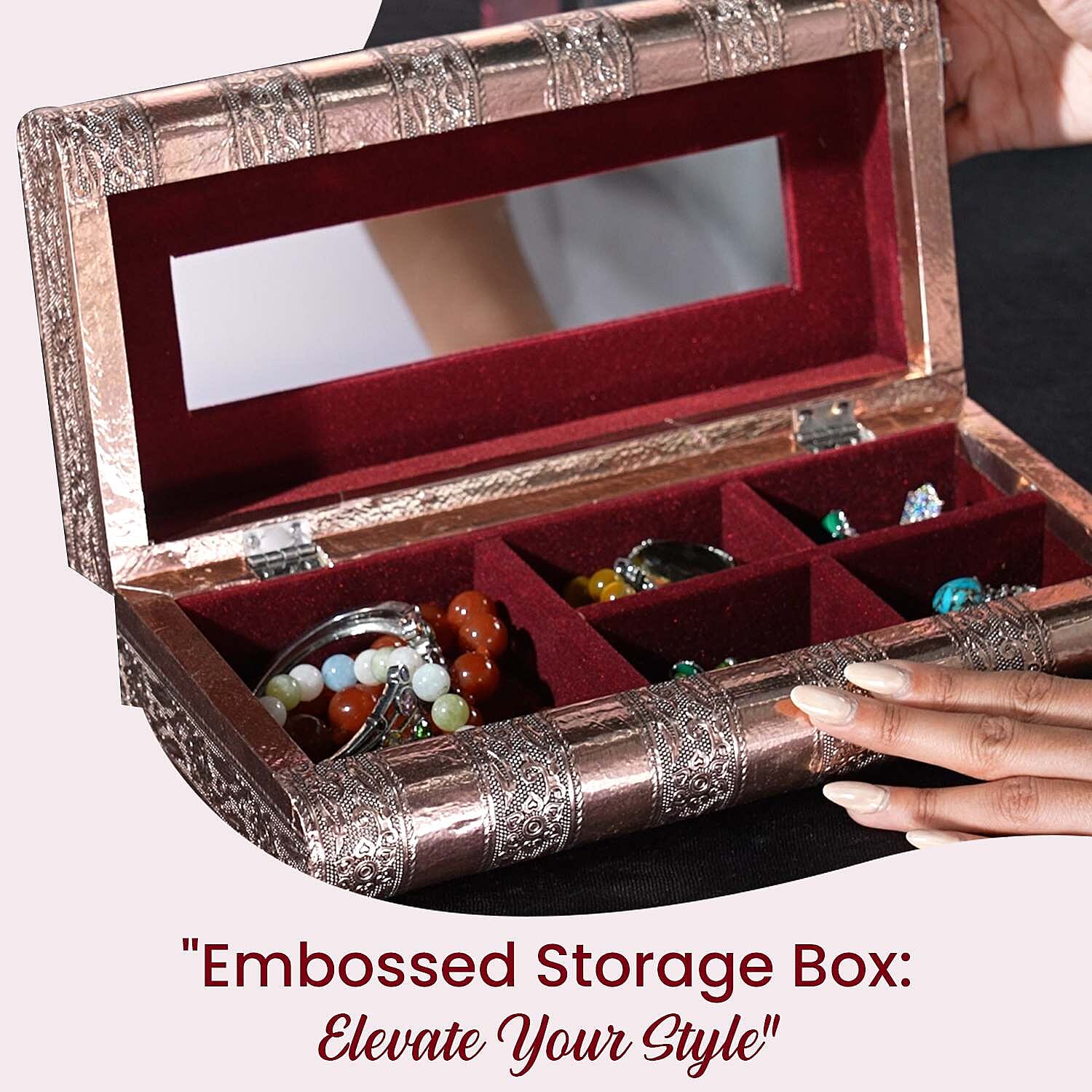 Handcrafted Oxidized Aluminium Storage-Jewelry Box with Mirror (Size 27x13x8 cm) - Copper