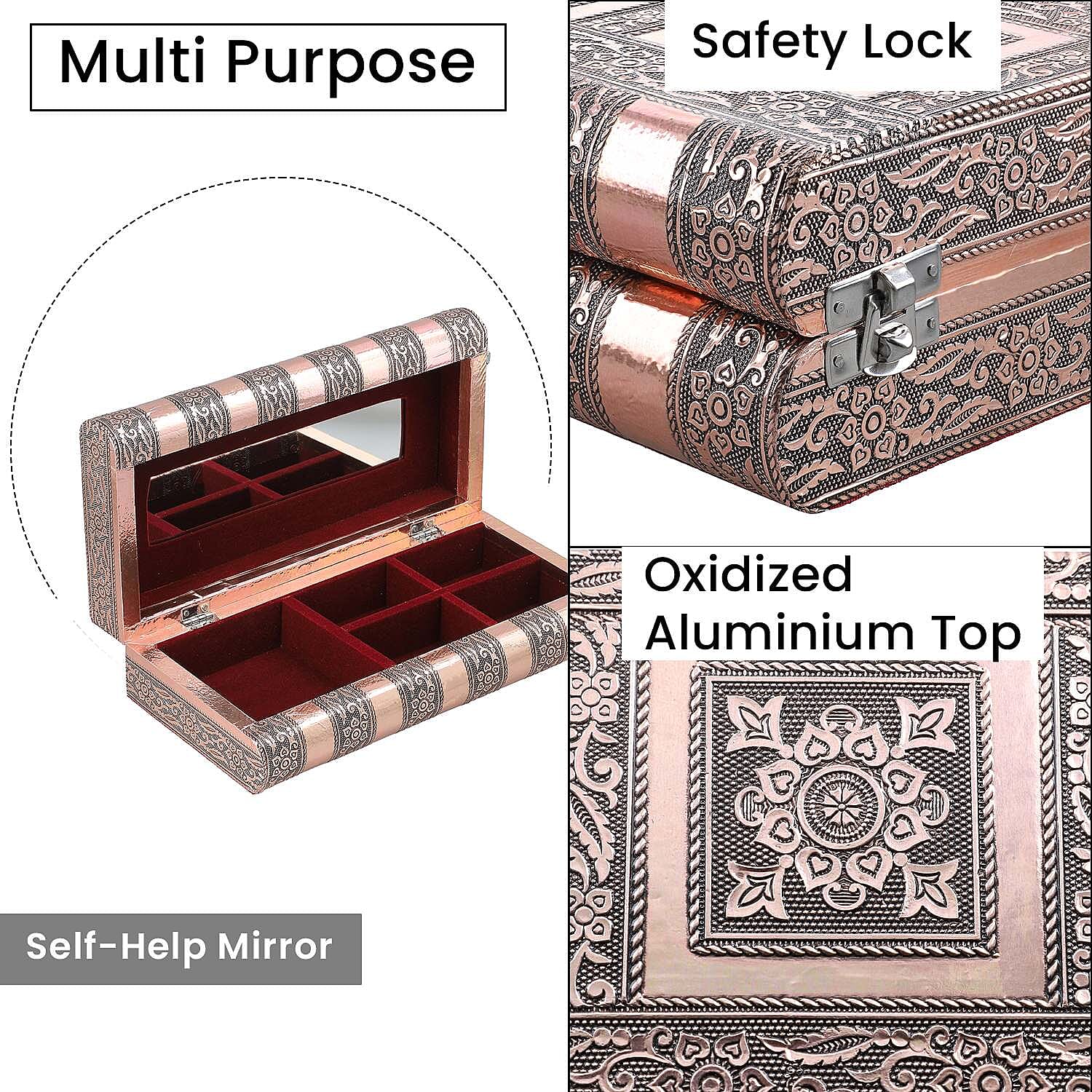 Handcrafted Oxidized Aluminium Storage-Jewelry Box with Mirror (Size 27x13x8 cm) - Copper