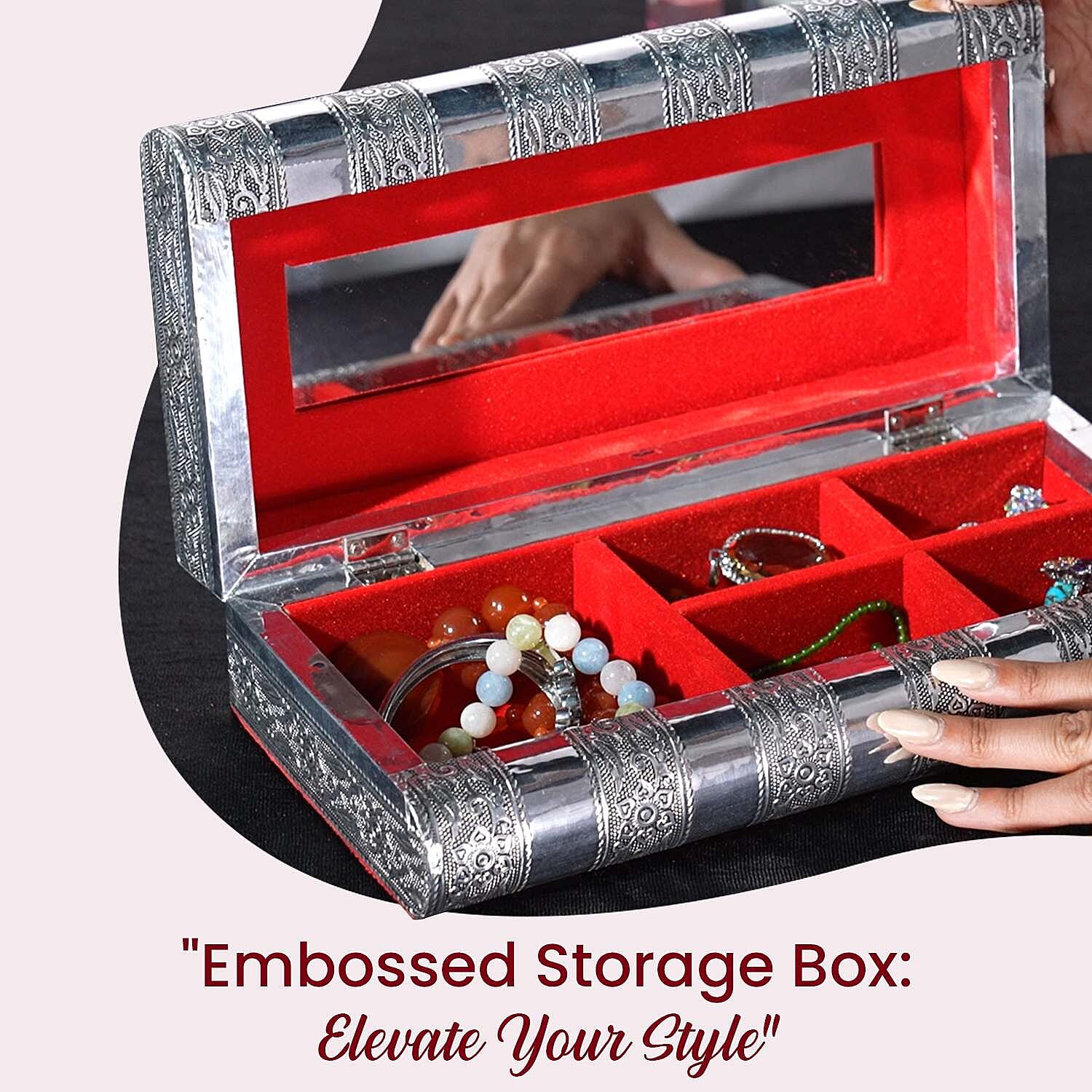 Handcrafted Oxidized Aluminium Storage-Jewelry Box with Mirror (Size 27x13x8 cm) - Silver