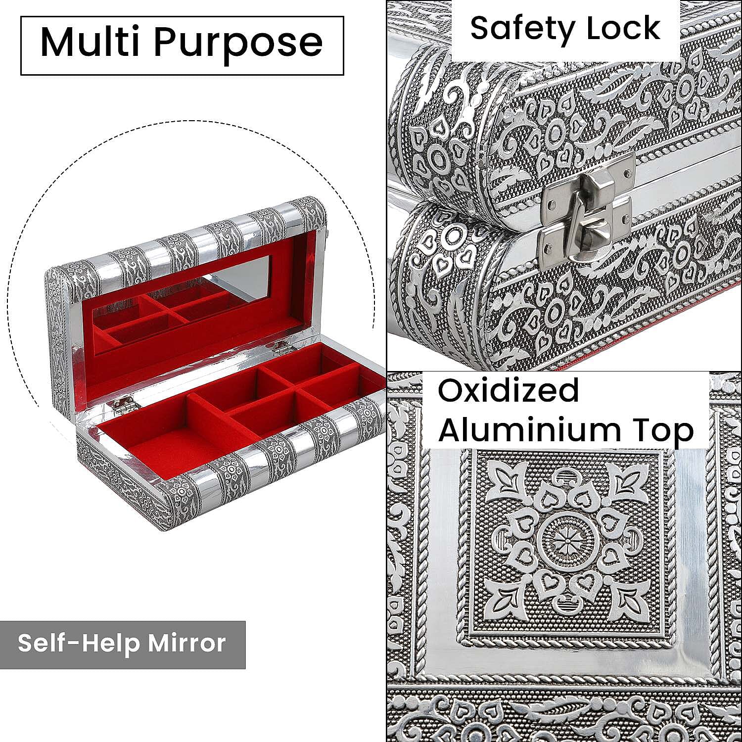 Handcrafted Oxidized Aluminium Storage-Jewelry Box with Mirror (Size 27x13x8 cm) - Silver