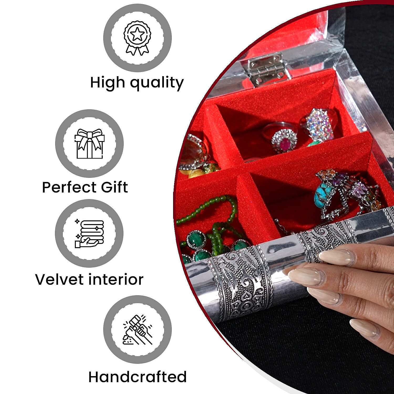 Handcrafted Oxidized Aluminium Storage-Jewelry Box with Mirror (Size 27x13x8 cm) - Silver