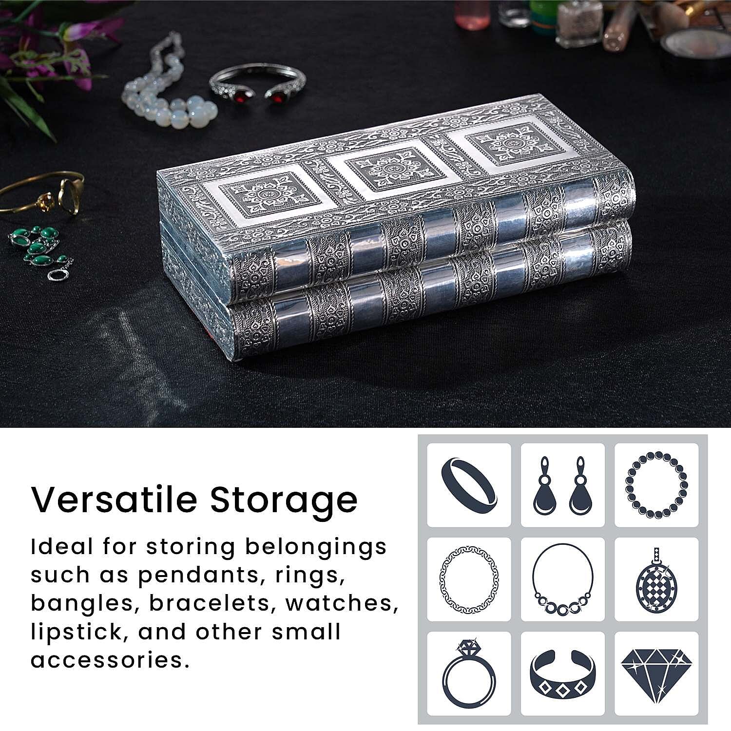 Handcrafted Oxidized Aluminium Storage-Jewelry Box with Mirror (Size 27x13x8 cm) - Silver