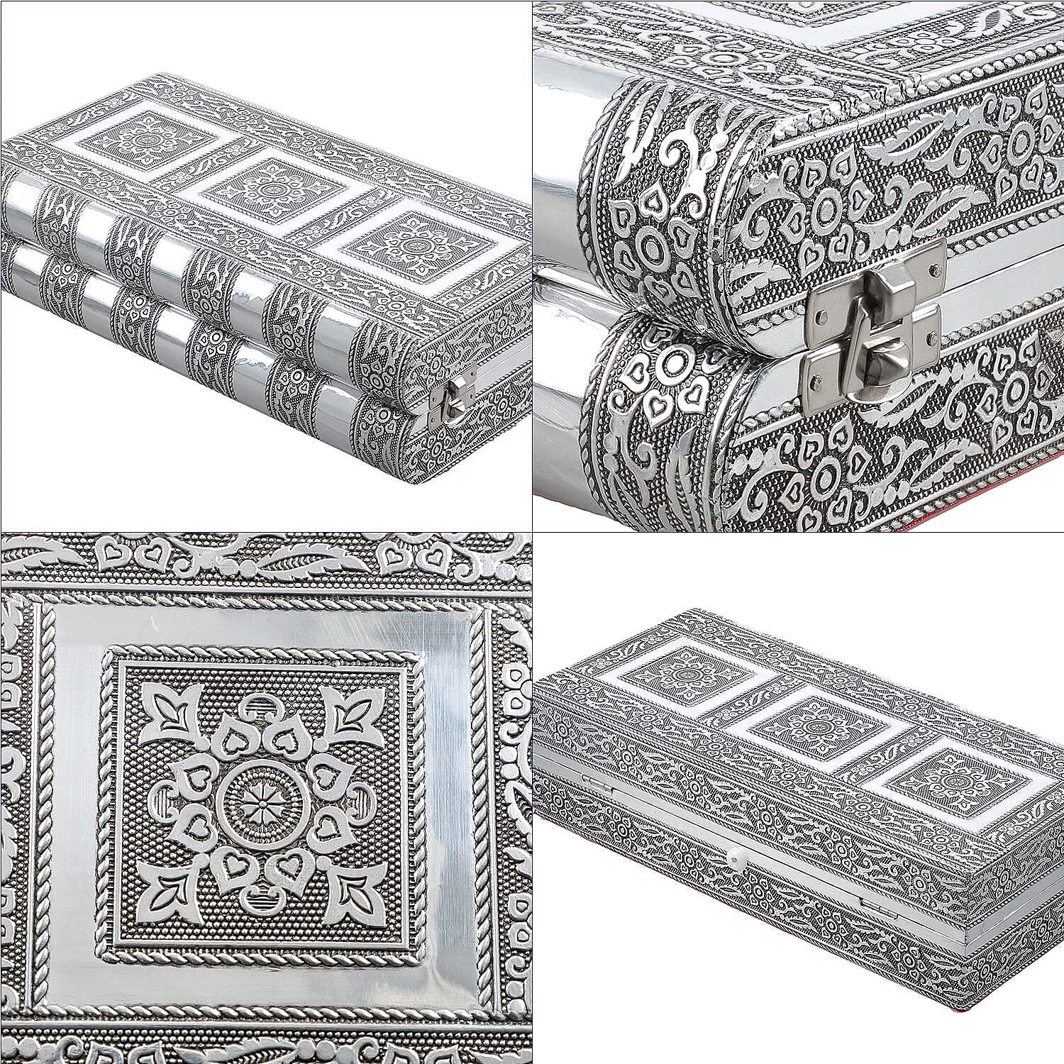 Handcrafted Oxidized Aluminium Storage-Jewelry Box with Mirror (Size 27x13x8 cm) - Silver