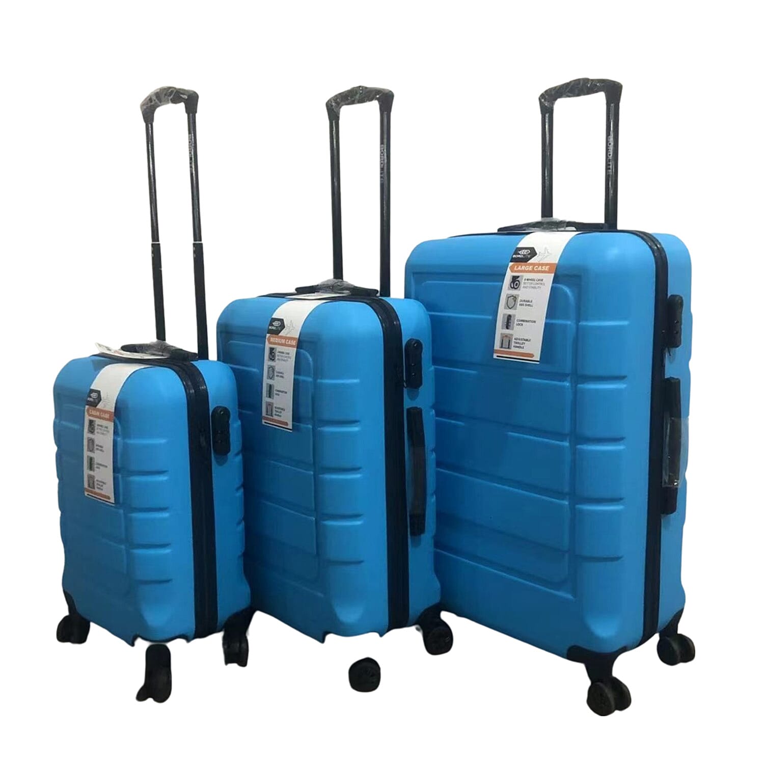 Closeout Bordlite Set of 3 - Durable Hard Shell 4 Wheel Suitcases with Soft Grip Handles- Sky Blue