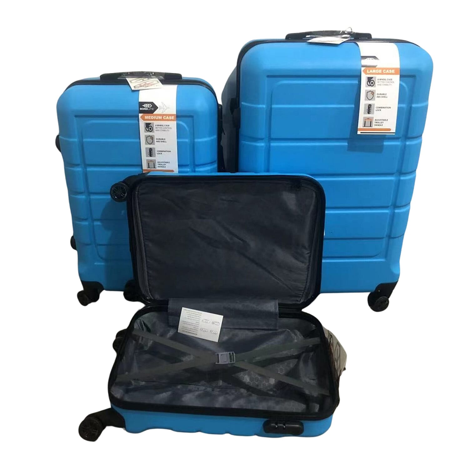 Closeout Bordlite Set of 3 - Durable Hard Shell 4 Wheel Suitcases with Soft Grip Handles- Sky Blue