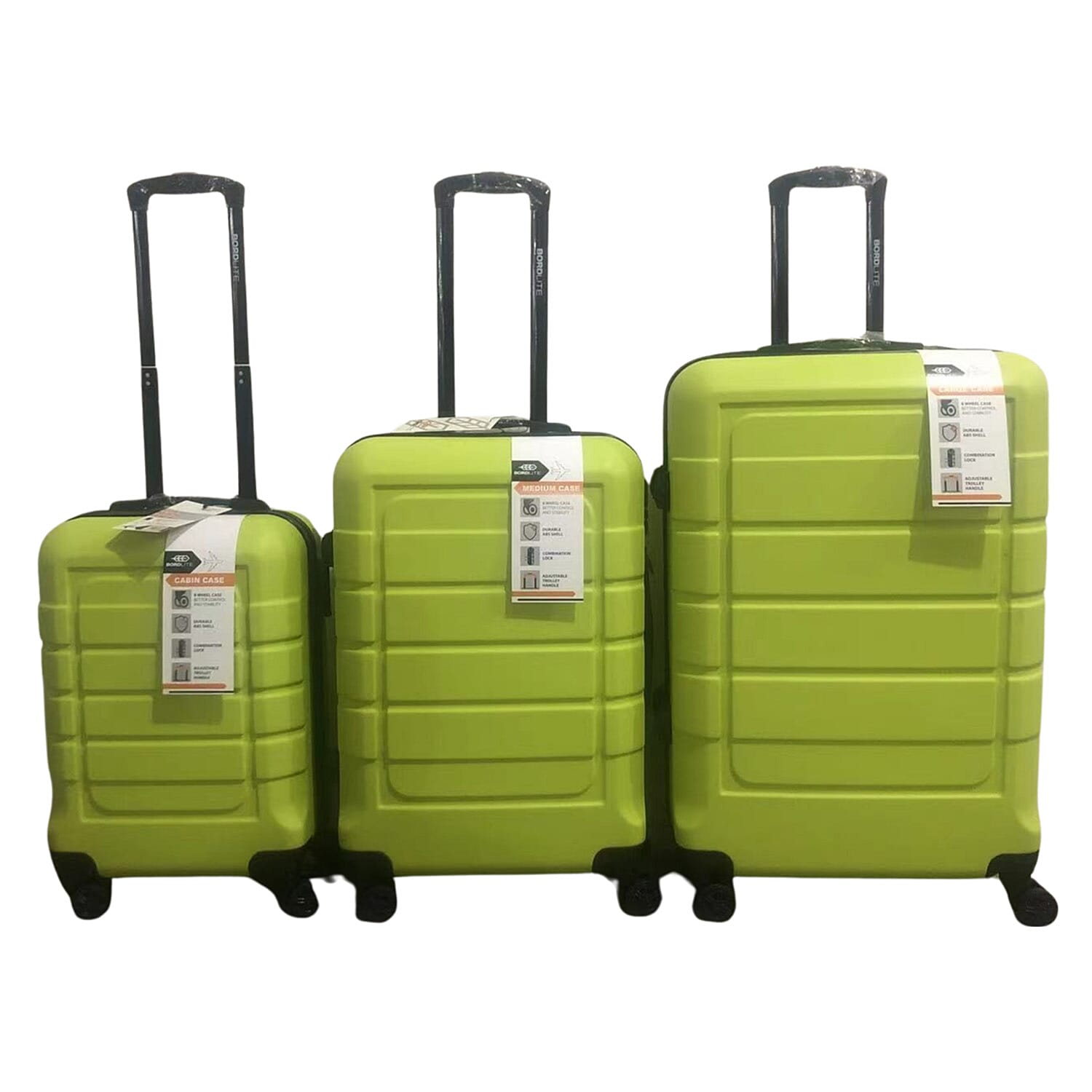 Bordlite Set of 3 - Durable Hard Shell 4 Wheel Suitcases with Soft Grip Handles- Green