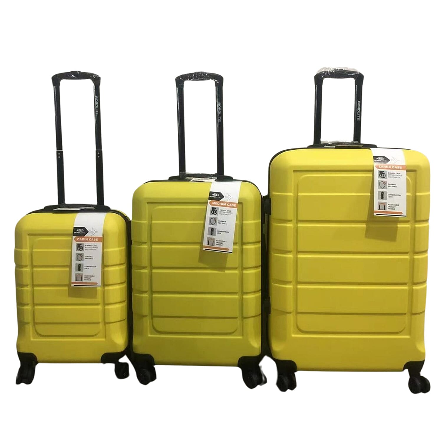 Bordlite Set of 3 - Durable Hard Shell 4 Wheel Suitcases with Soft Grip Handles- Yellow