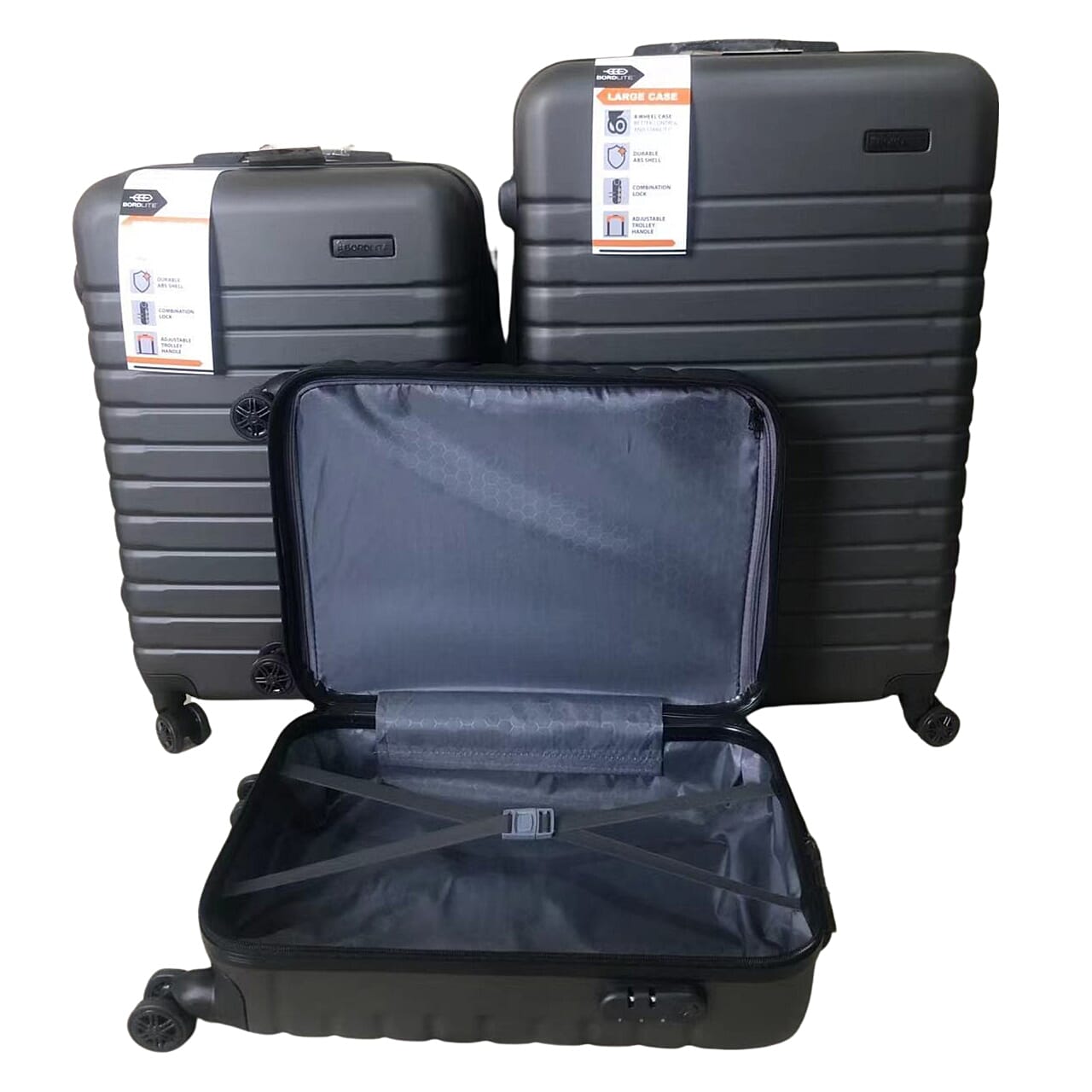 Closeout Bordlite Set of 3 - Durable Hard Shell 4 Wheel Suitcases with Soft Grip Handles- Dark Grey