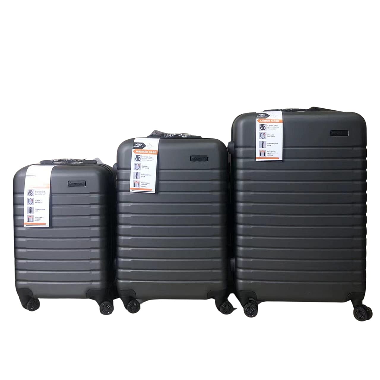 Closeout Bordlite Set of 3 - Durable Hard Shell 4 Wheel Suitcases with Soft Grip Handles- Dark Grey