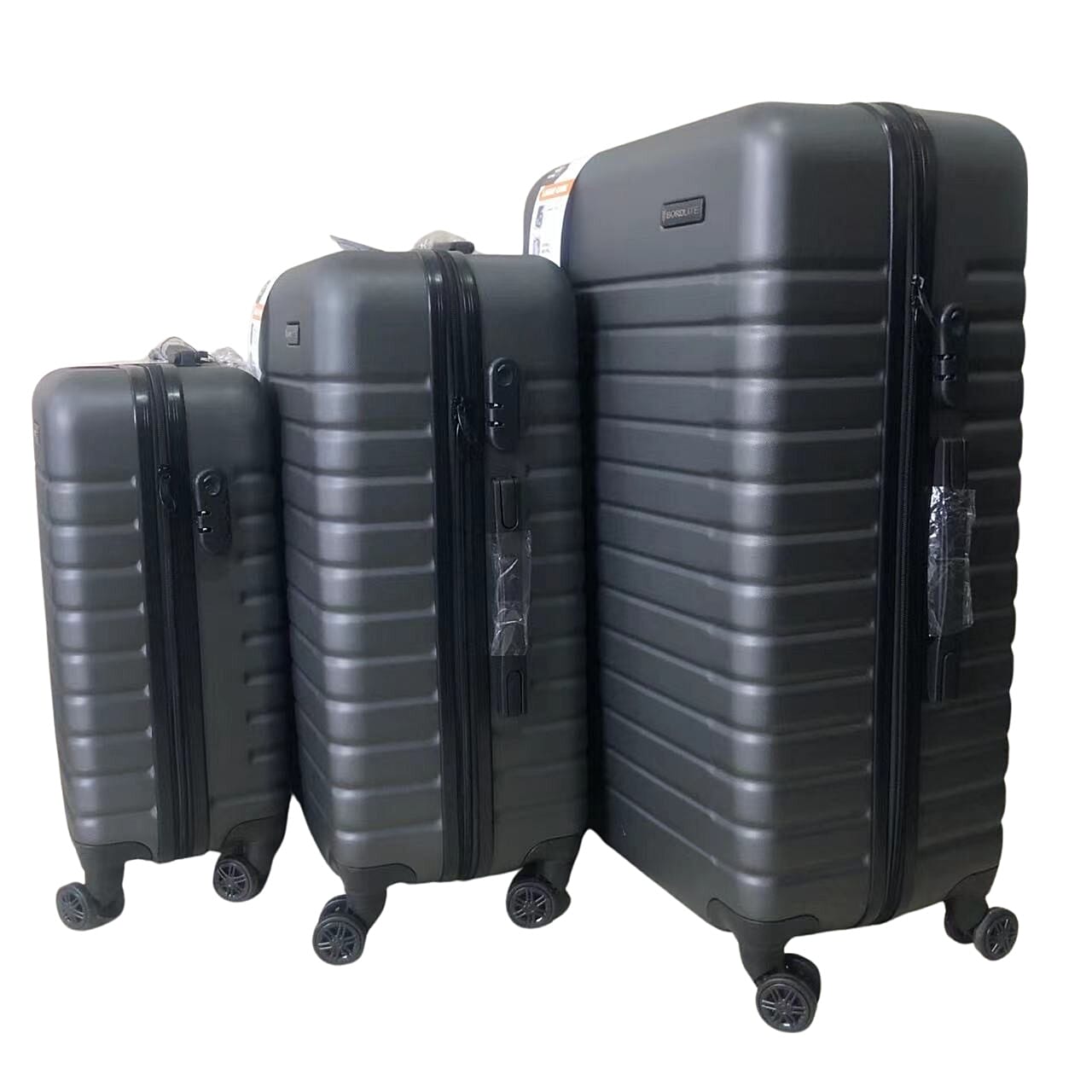 Closeout Bordlite Set of 3 - Durable Hard Shell 4 Wheel Suitcases with Soft Grip Handles- Dark Grey