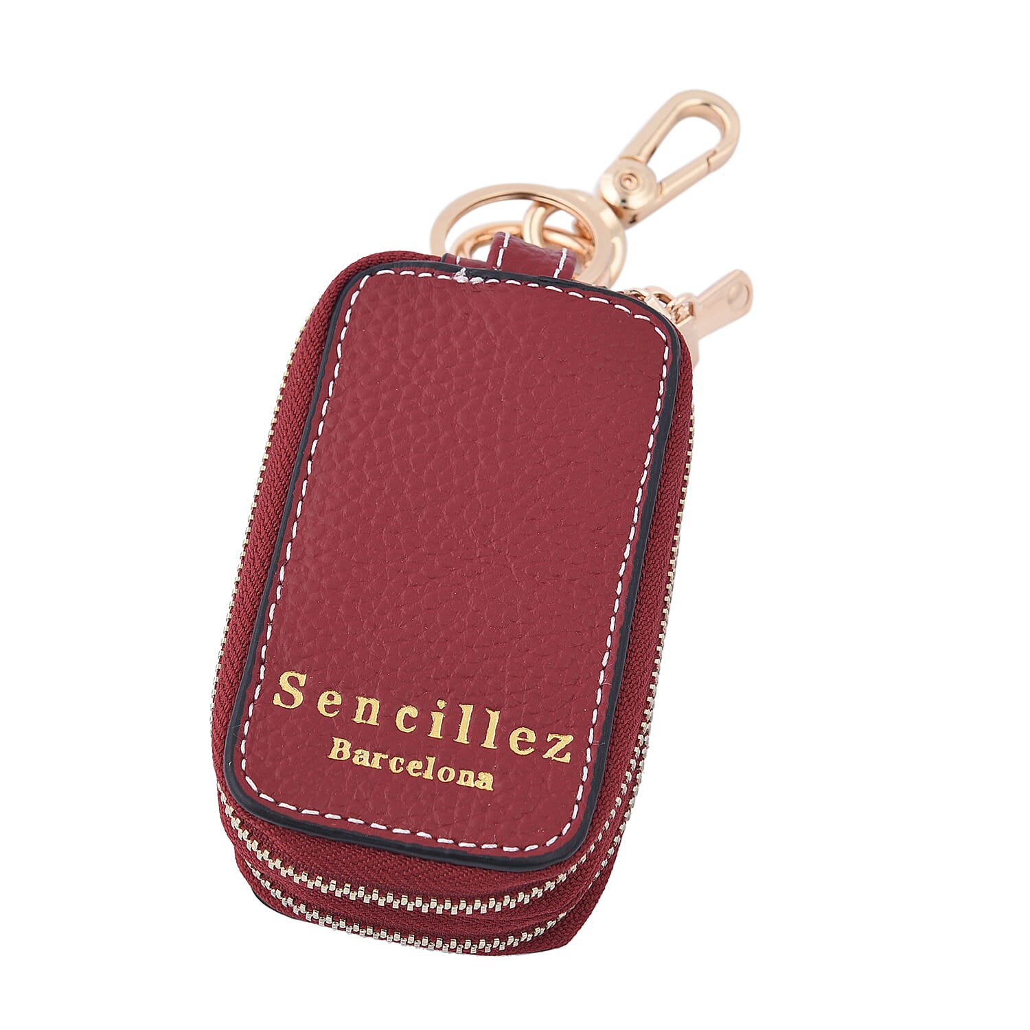 SENCILLEZ 100% Genuine Leather Key Holder Chain with Detachable Lobster Clasp and Zipper Closure (Size 10x5x4Cm) - Burgundy