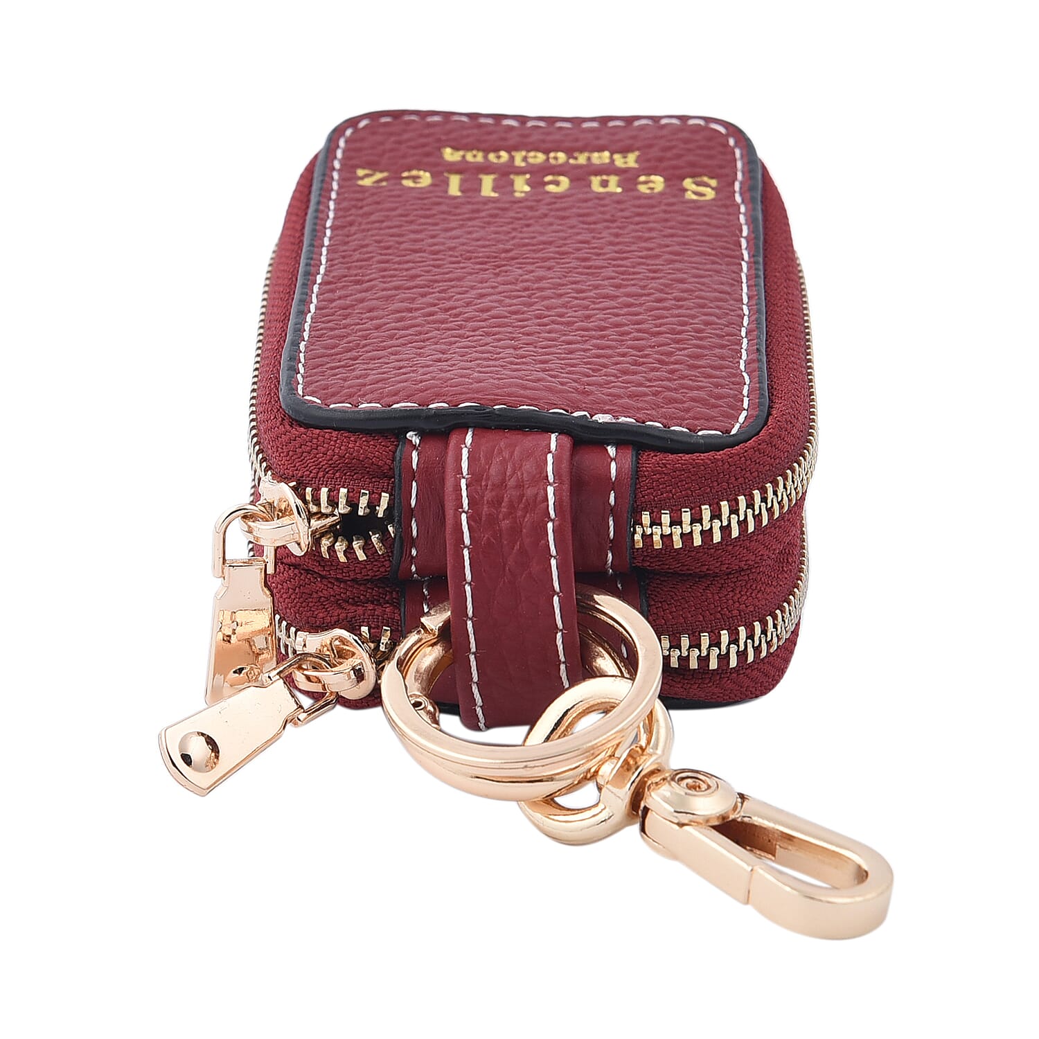 SENCILLEZ 100% Genuine Leather Key Holder Chain with Detachable Lobster Clasp and Zipper Closure (Size 10x5x4Cm) - Burgundy