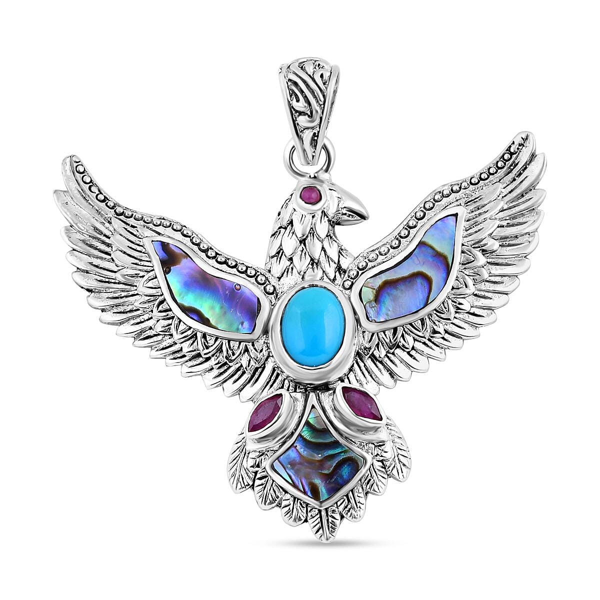 Sleeping Beauty Turquoise ,  Fissure Filled Ruby ,  Abalone Shell  Pendant  Sterling Silver 2.55 pc,  Silver Wt. 9 Gms  2.550  Ct.