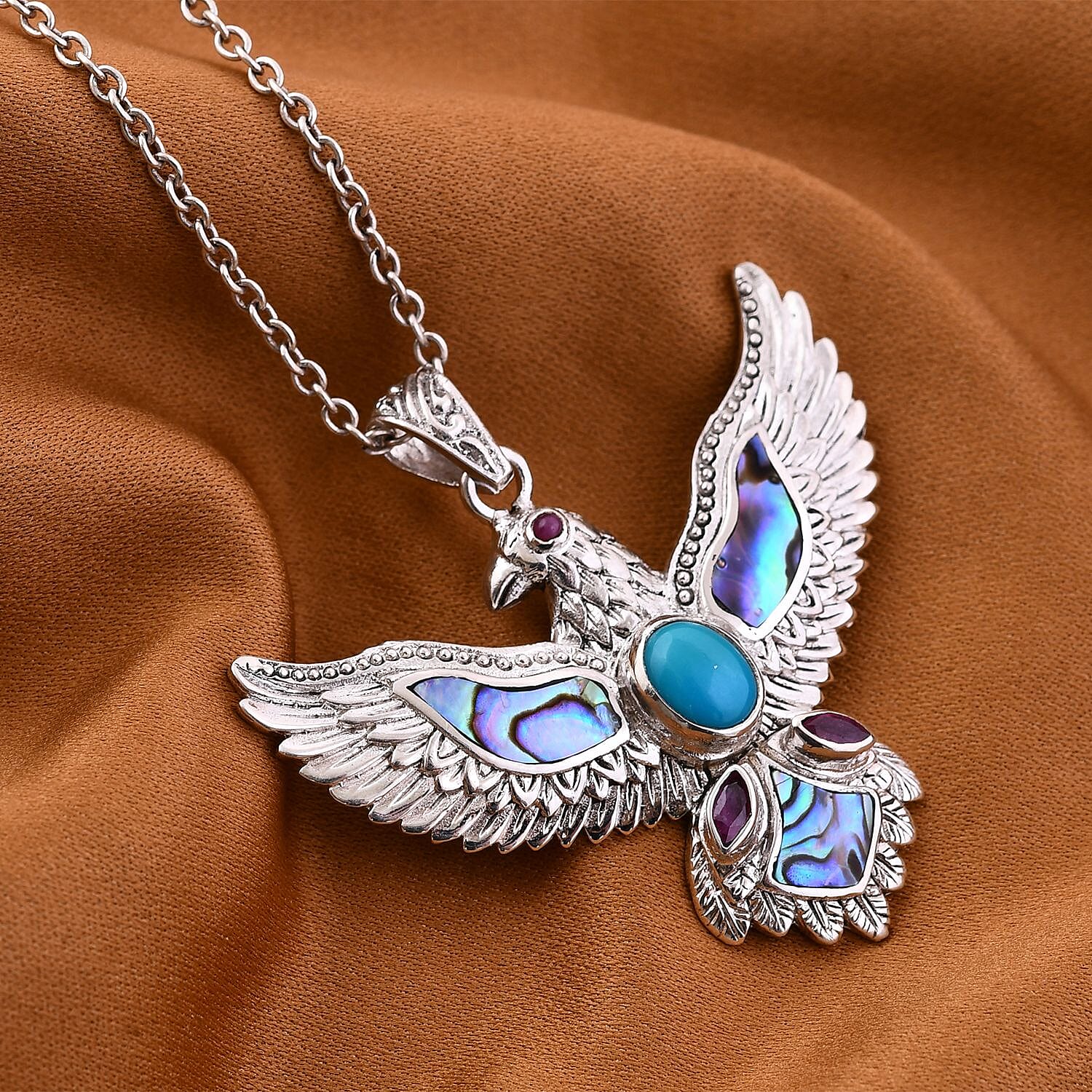 Sleeping Beauty Turquoise ,  Fissure Filled Ruby ,  Abalone Shell  Pendant  Sterling Silver 2.55 pc,  Silver Wt. 9 Gms  2.550  Ct.