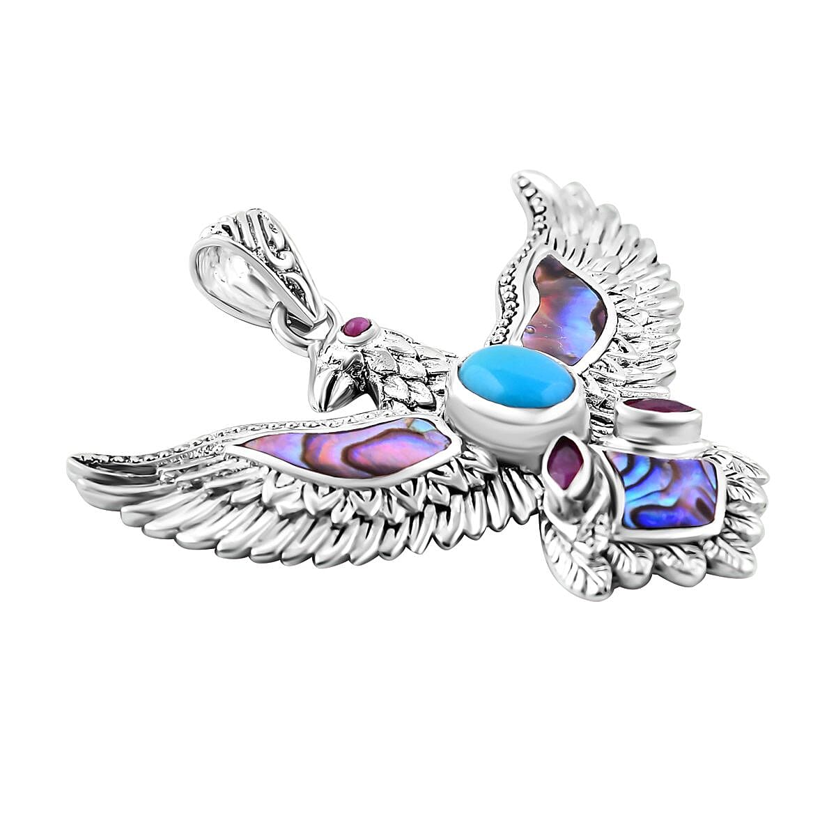 Sleeping Beauty Turquoise ,  Fissure Filled Ruby ,  Abalone Shell  Pendant  Sterling Silver 2.55 pc,  Silver Wt. 9 Gms  2.550  Ct.