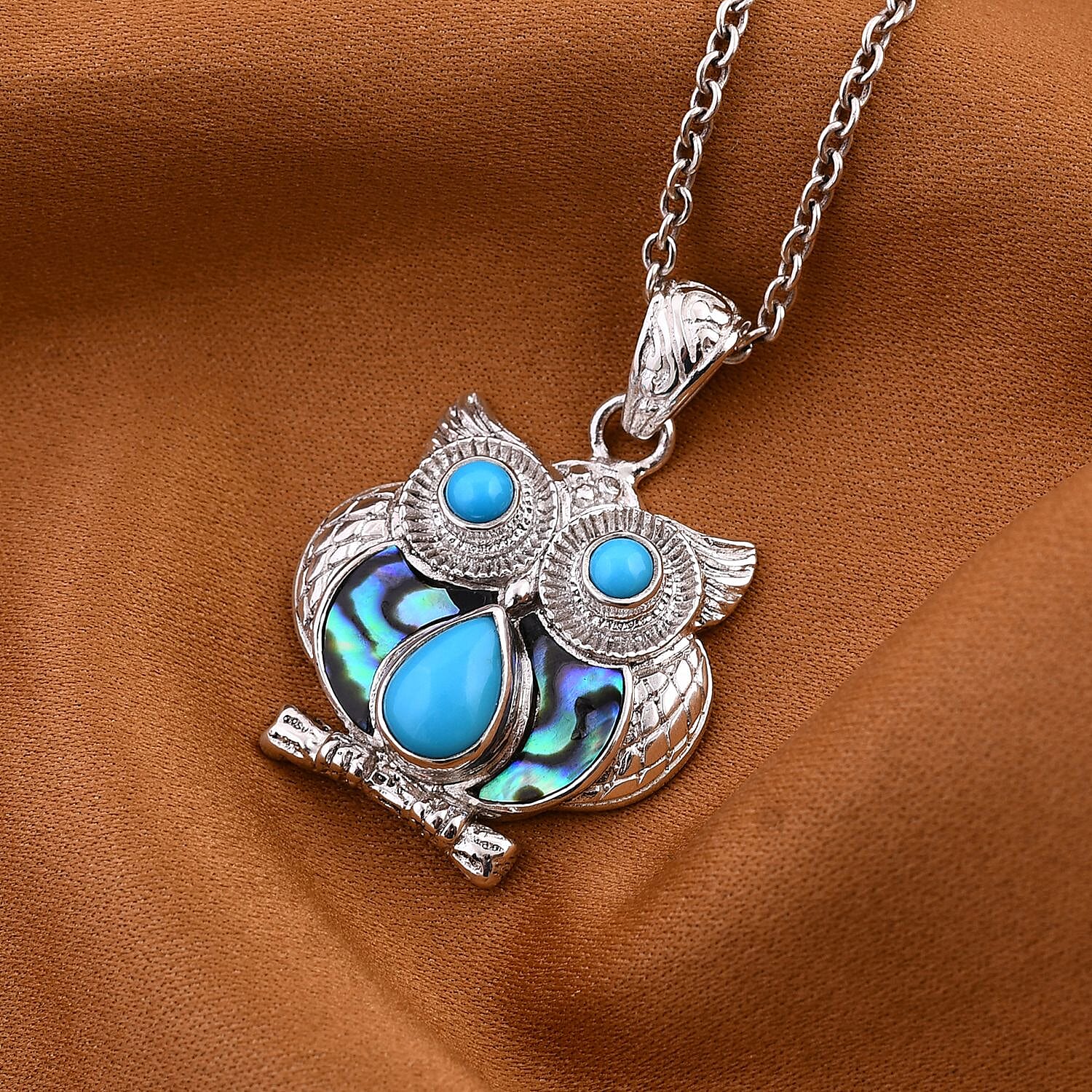 Royal Bali Collection Arizona Sleeping Beauty Turquoise & Abalone Shell Owl Pendant in Sterling Silver 2.52 Ct, Silver Wt. 10.10 Gms