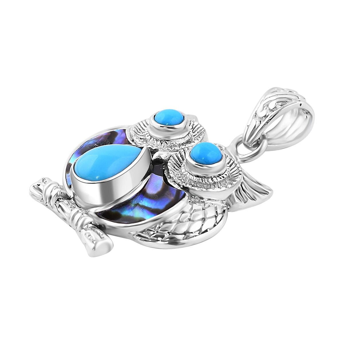 Royal Bali Collection Arizona Sleeping Beauty Turquoise & Abalone Shell Owl Pendant in Sterling Silver 2.52 Ct, Silver Wt. 10.10 Gms