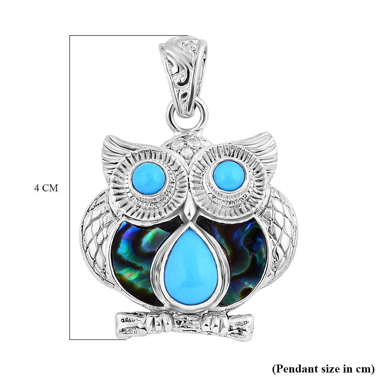 Royal Bali Collection Arizona Sleeping Beauty Turquoise & Abalone Shell Owl Pendant in Sterling Silver 2.52 Ct, Silver Wt. 10.10 Gms
