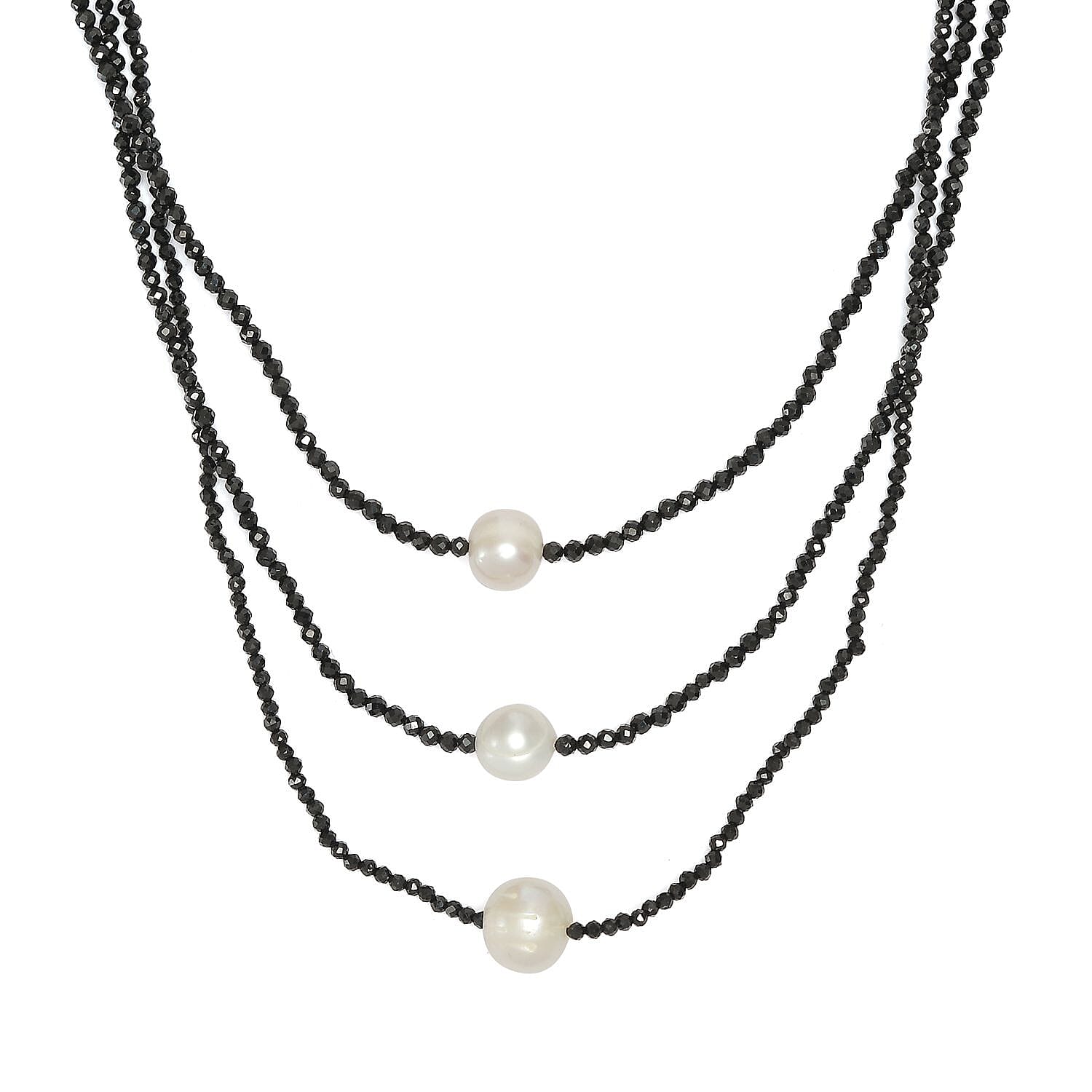 Boi Ploi Black Spinel & Fresh Water Pearl Necklace (Size - 20) in Rhodium Overlay Sterling Silver