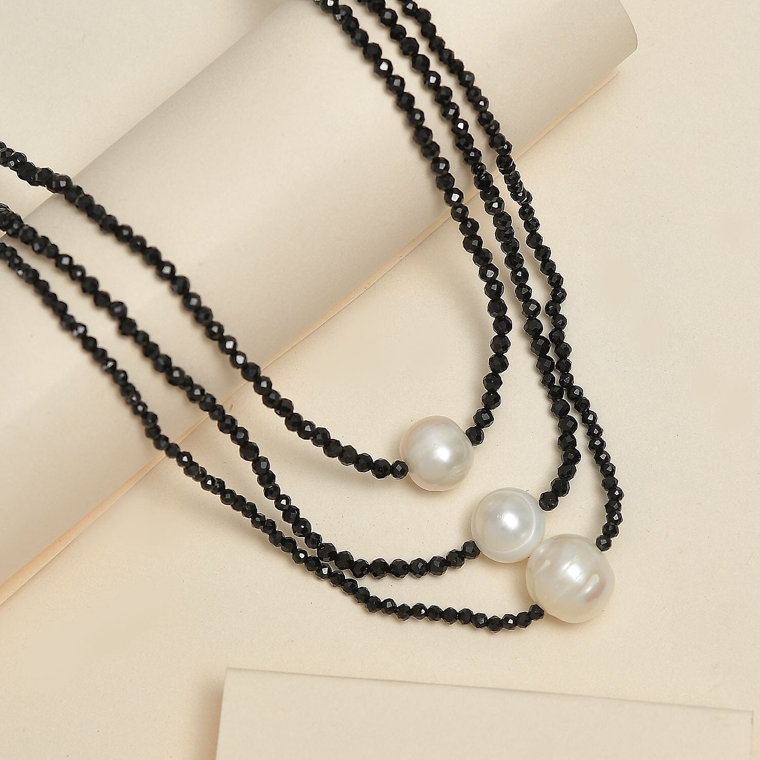 Boi Ploi Black Spinel & Fresh Water Pearl Necklace (Size - 20) in Rhodium Overlay Sterling Silver