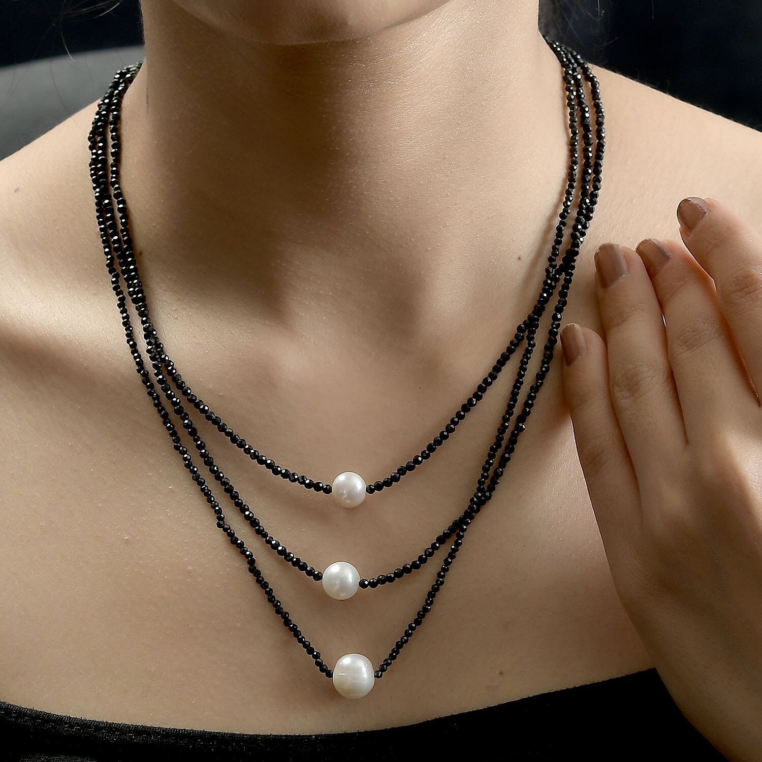Boi Ploi Black Spinel & Fresh Water Pearl Necklace (Size - 20) in Rhodium Overlay Sterling Silver