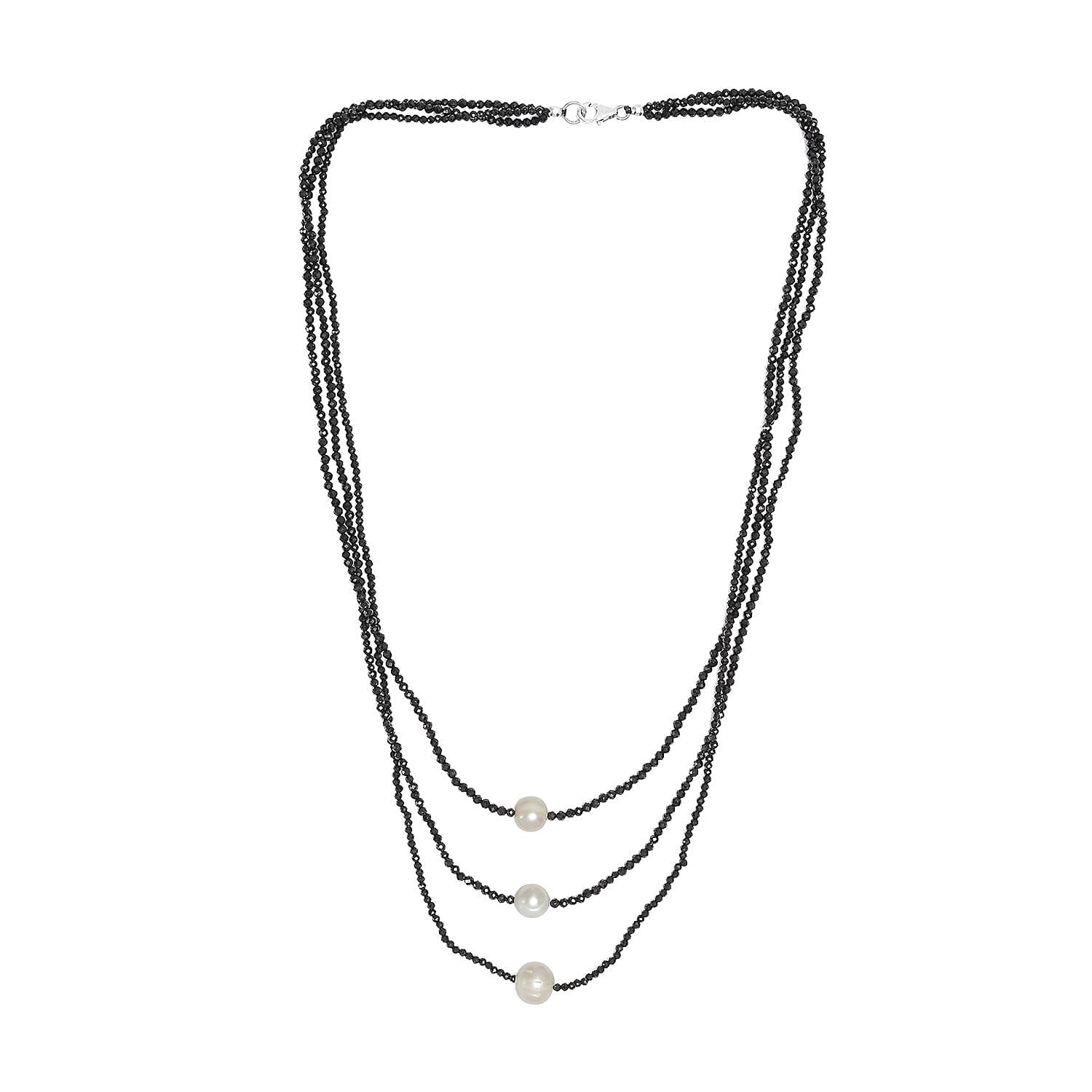 Boi Ploi Black Spinel & Fresh Water Pearl Necklace (Size - 20) in Rhodium Overlay Sterling Silver