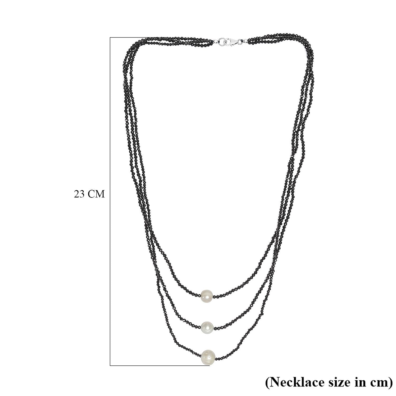 Boi Ploi Black Spinel & Fresh Water Pearl Necklace (Size - 20) in Rhodium Overlay Sterling Silver