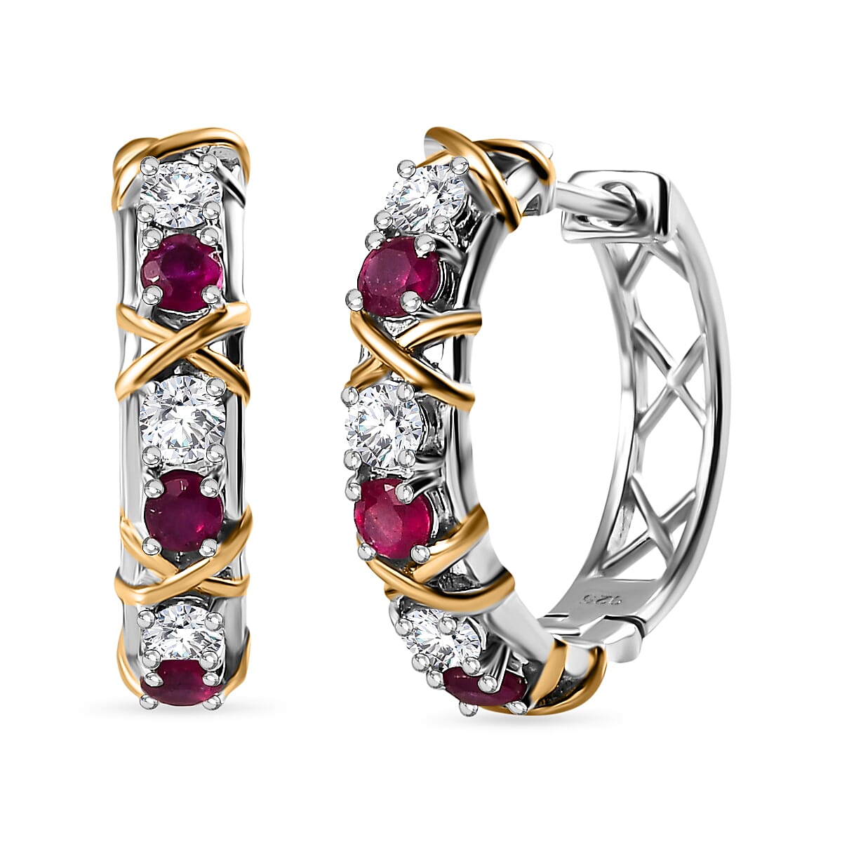 African Ruby & Moissanite XO Hoop Earrings in 18K Yellow Gold Vermeil & Platinum Plated Sterling Silver 1.64 Ct, Silver Wt. 5.99 Gms