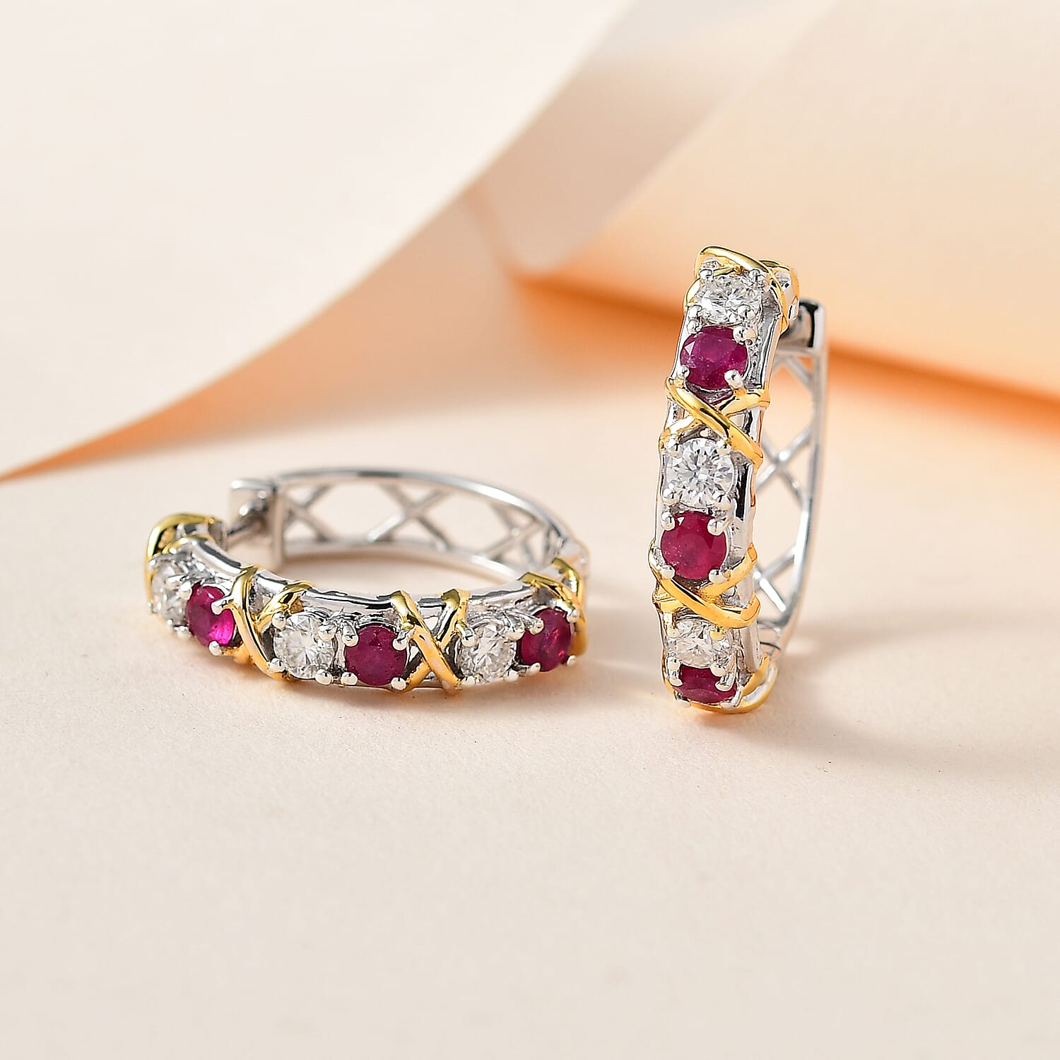 African Ruby & Moissanite XO Hoop Earrings in 18K Yellow Gold Vermeil & Platinum Plated Sterling Silver 1.64 Ct, Silver Wt. 5.99 Gms