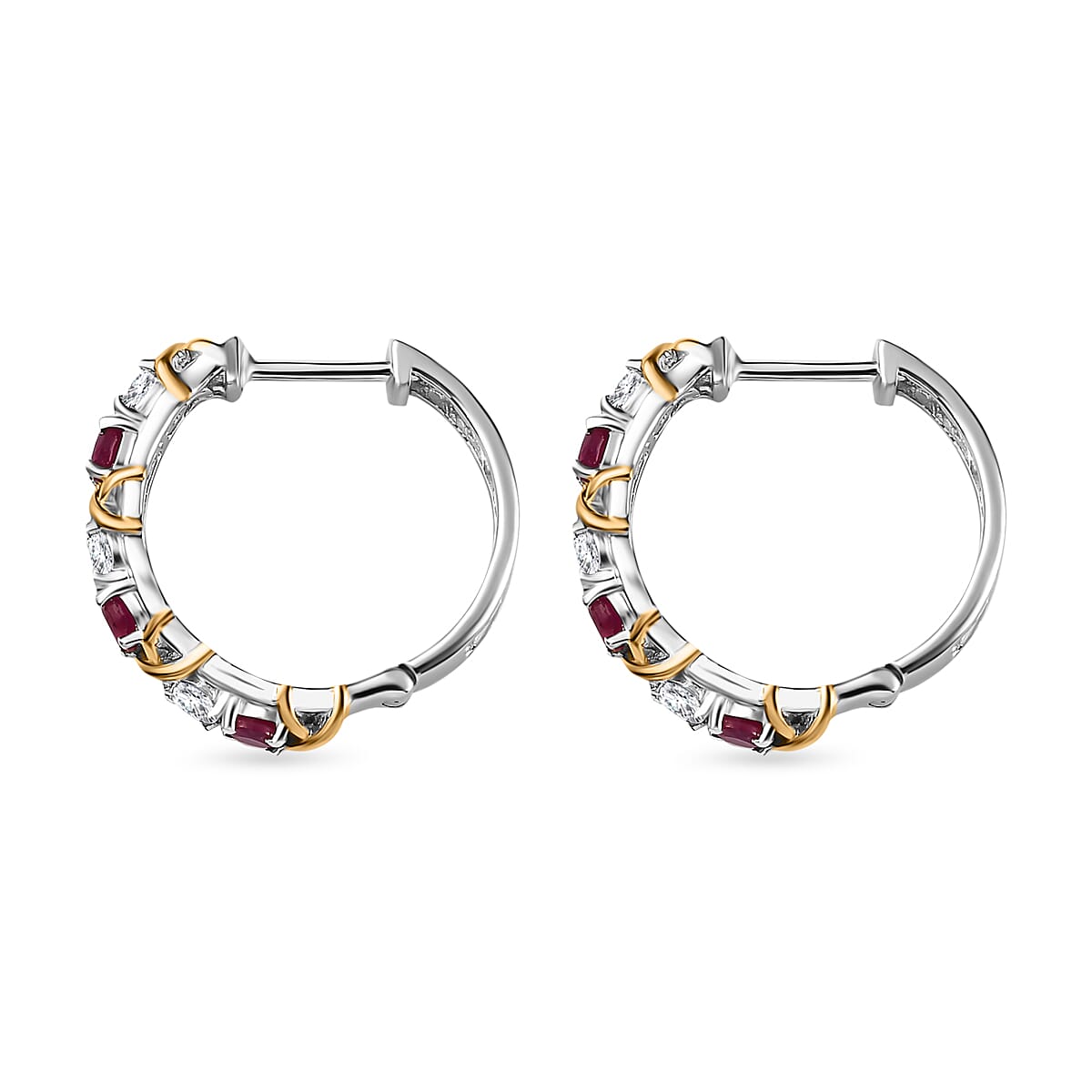 African Ruby & Moissanite XO Hoop Earrings in 18K Yellow Gold Vermeil & Platinum Plated Sterling Silver 1.64 Ct, Silver Wt. 5.99 Gms