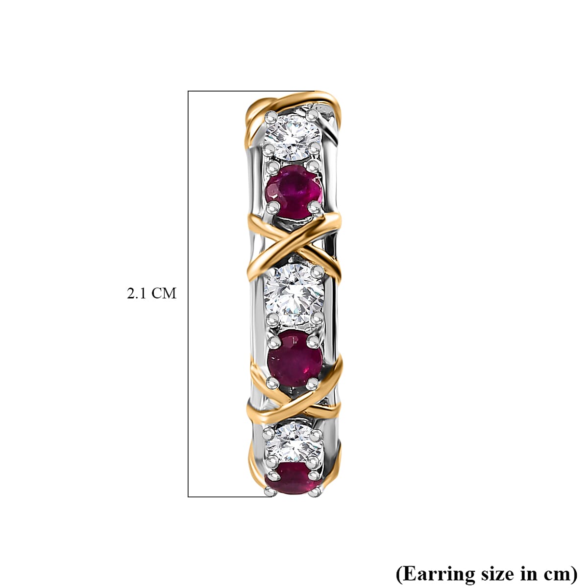 African Ruby & Moissanite XO Hoop Earrings in 18K Yellow Gold Vermeil & Platinum Plated Sterling Silver 1.64 Ct, Silver Wt. 5.99 Gms