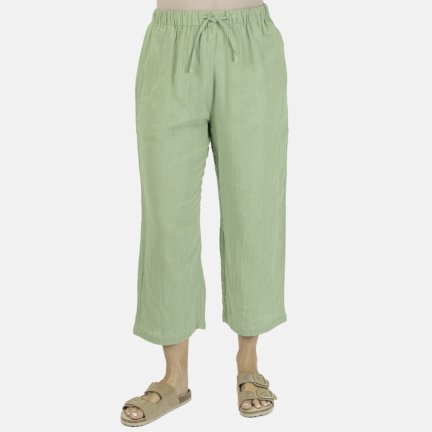 TAMSY 100% Cotton Elasticated Waist Cropped Trouser (Size L) - Green