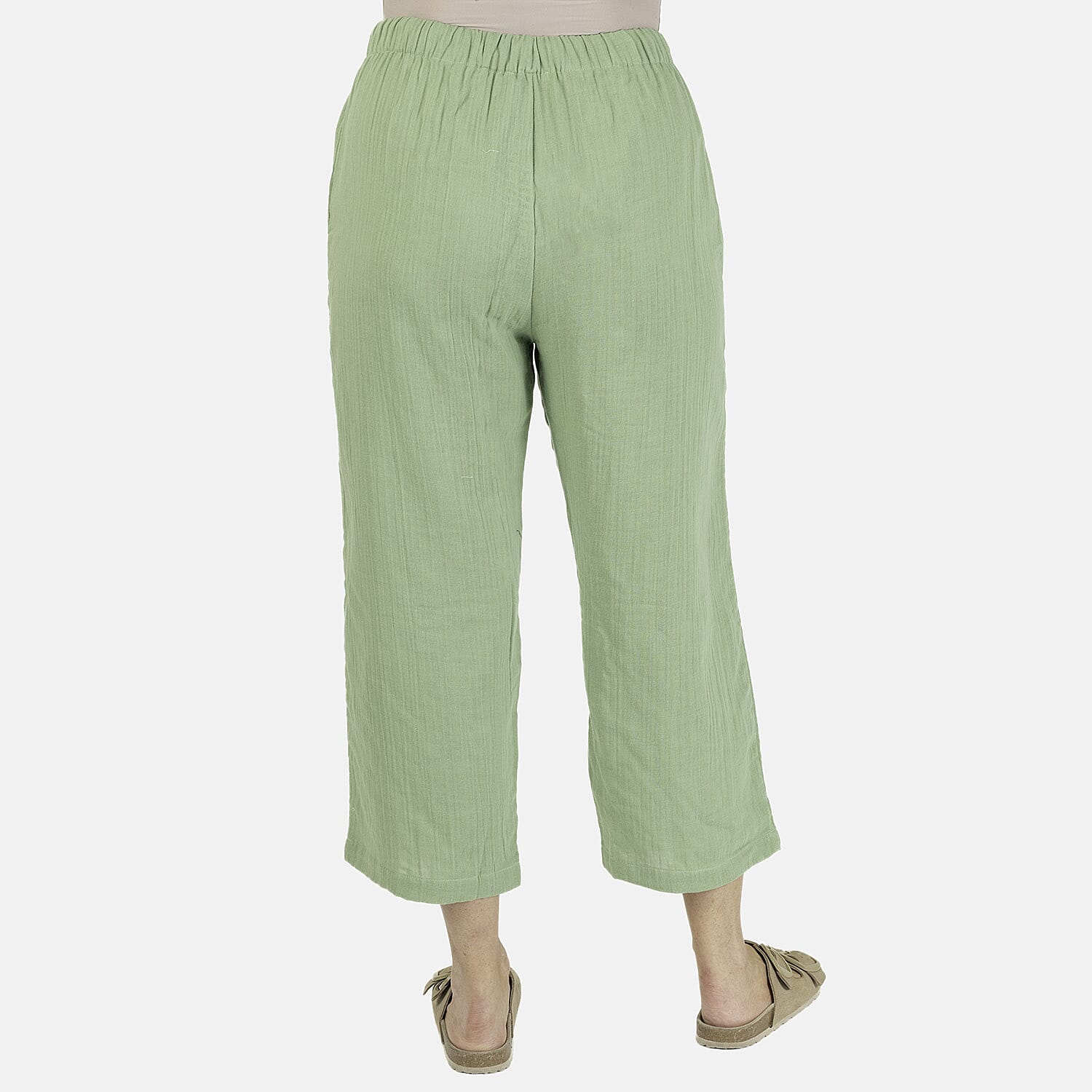 TAMSY 100% Cotton Elasticated Waist Cropped Trouser (Size L) - Green