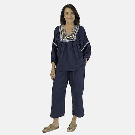 TAMSY 100% Cotton Elasticated Waist Cropped Trouser (Size L) - Navy