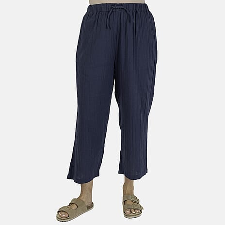TAMSY 100% Cotton Elasticated Waist Cropped Trouser (Size L) - Navy