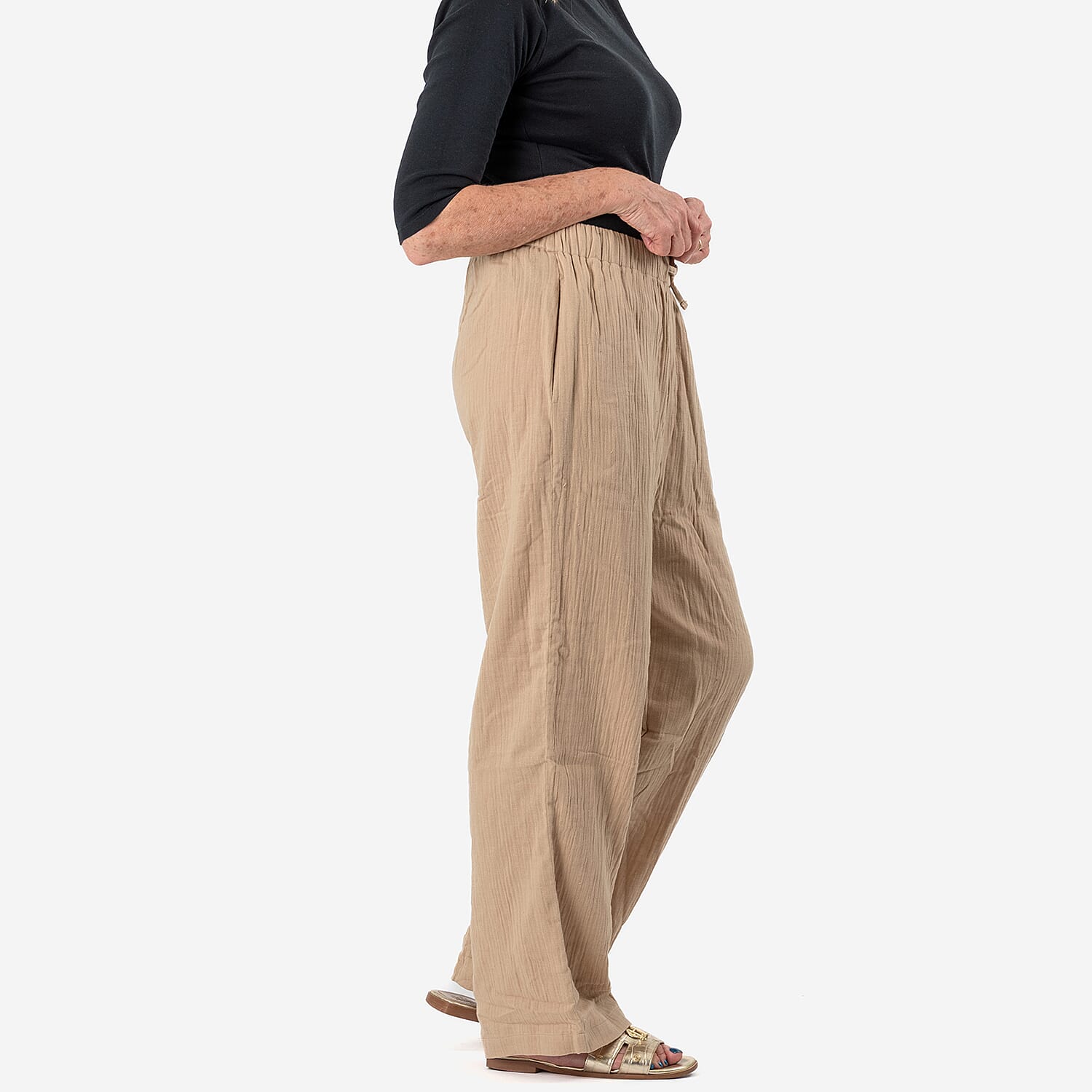Tamsy 100% Cotton Casual Elasticated Waist Trousers (Size 12 to 14) - Stone Tamsy 100% Cotton Casual Elasticated Waist Trousers (Size 12 to 14) - Stone