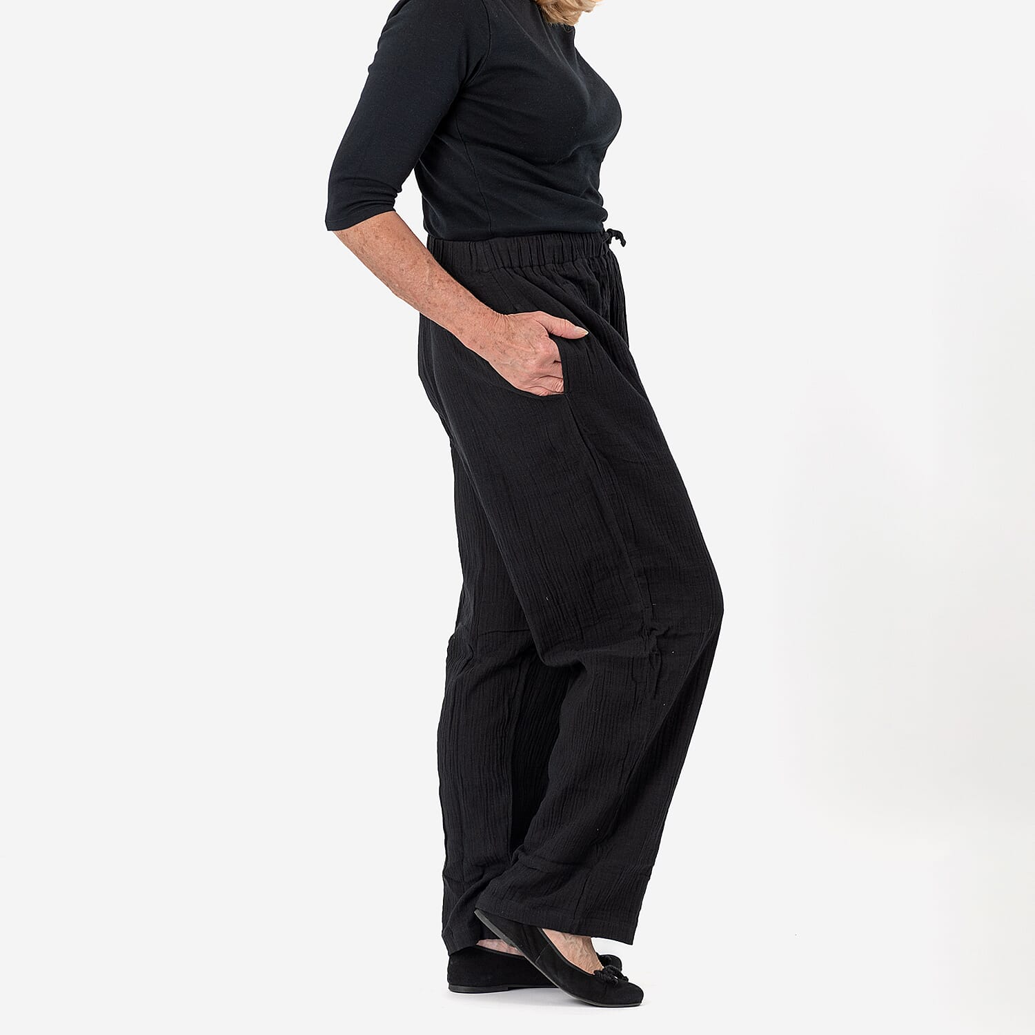 Tamsy 100% Cotton Casual Elasticated Waist Trousers (Size 20to22) - Black Tamsy 100% Cotton Casual Elasticated Waist Trousers (Size 20to22) - Black